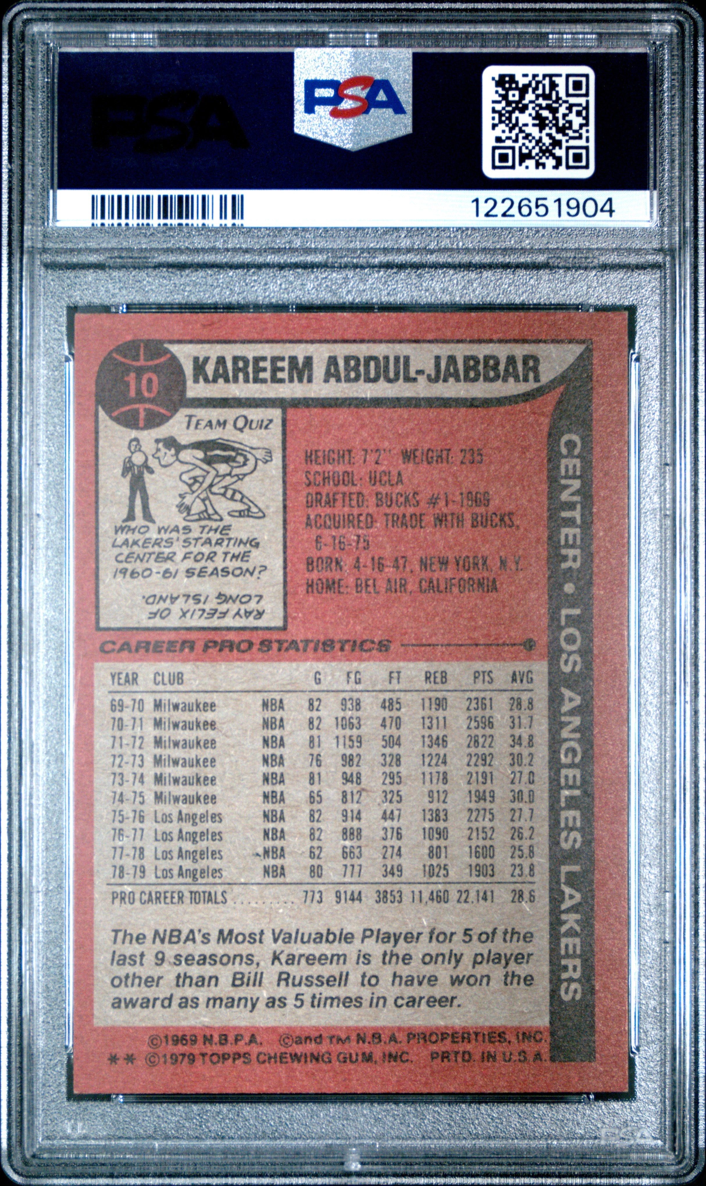 Graded 1979-80 Topps Kareem Abdul-Jabbar #10 Basketball Card PSA 6 Excellent
