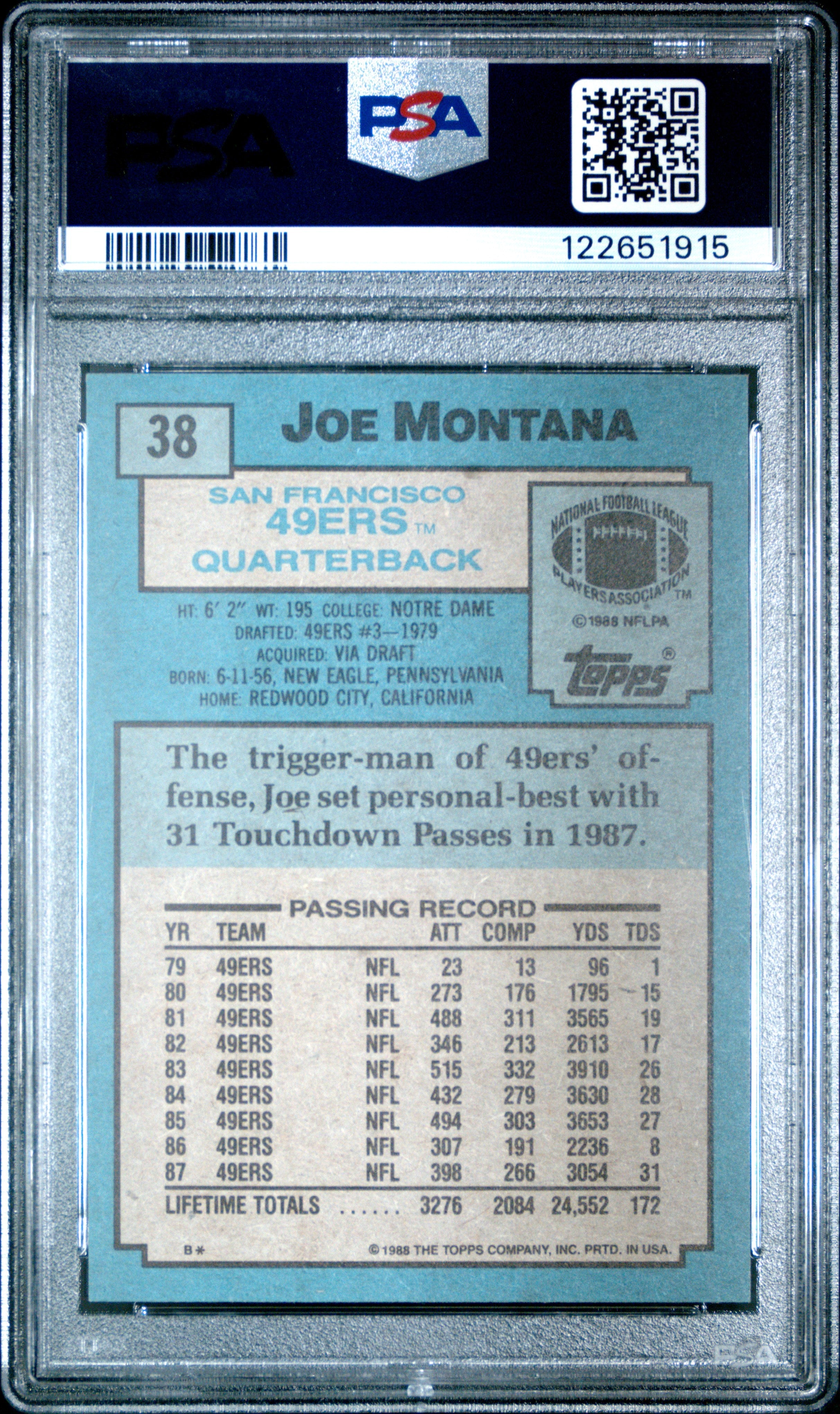 Graded 1988 Topps Joe Montana #38 Football Card PSA 8 Near Mint