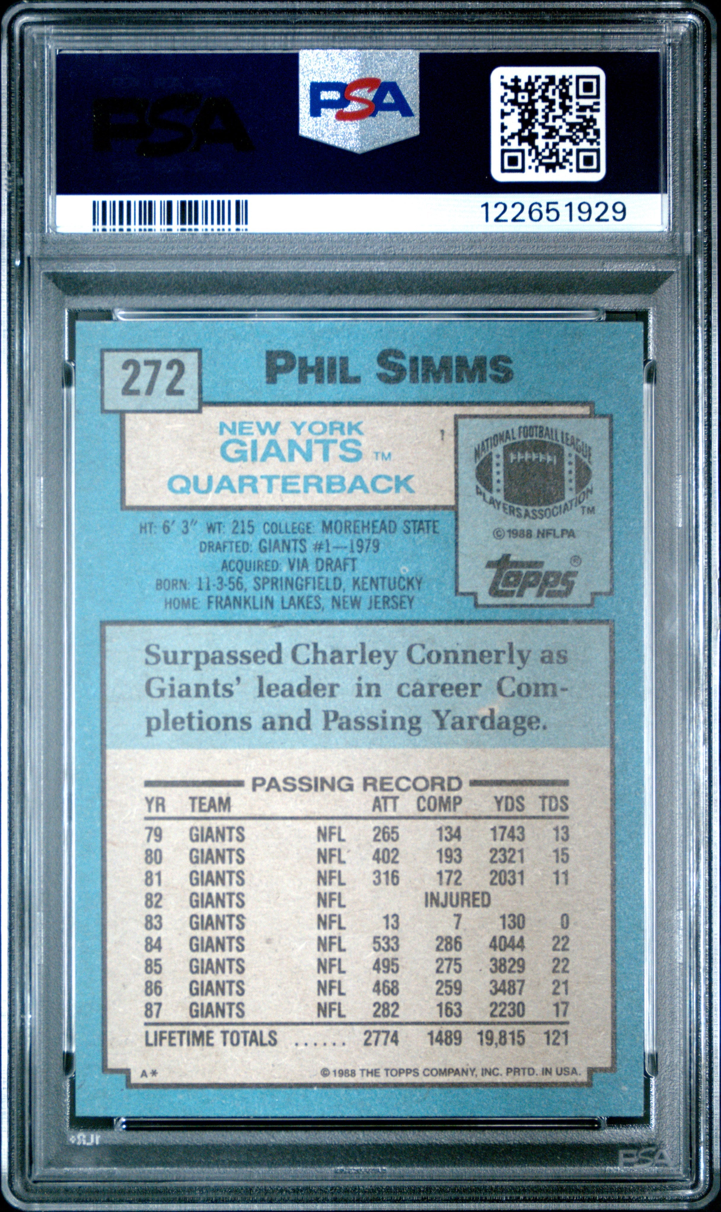 Graded 1988 Topps Phil Simms #272 Football Card PSA 7 Near Mint