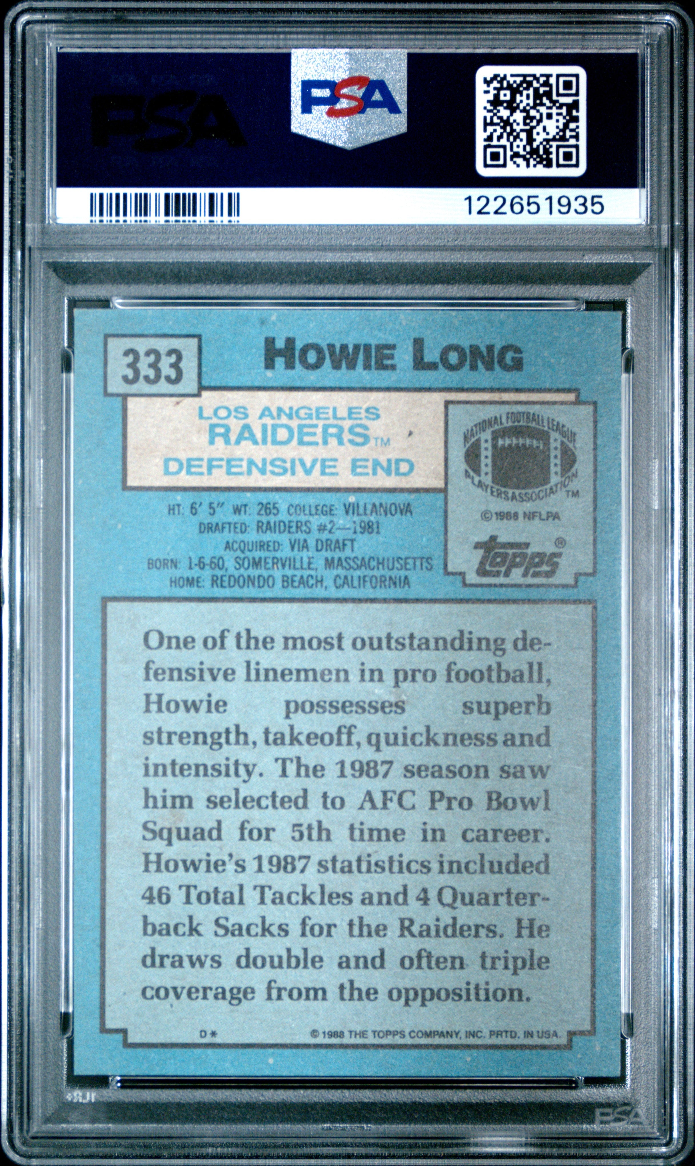 Graded 1988 Topps Howie Long #333 Football Card PSA 8 Near Mint