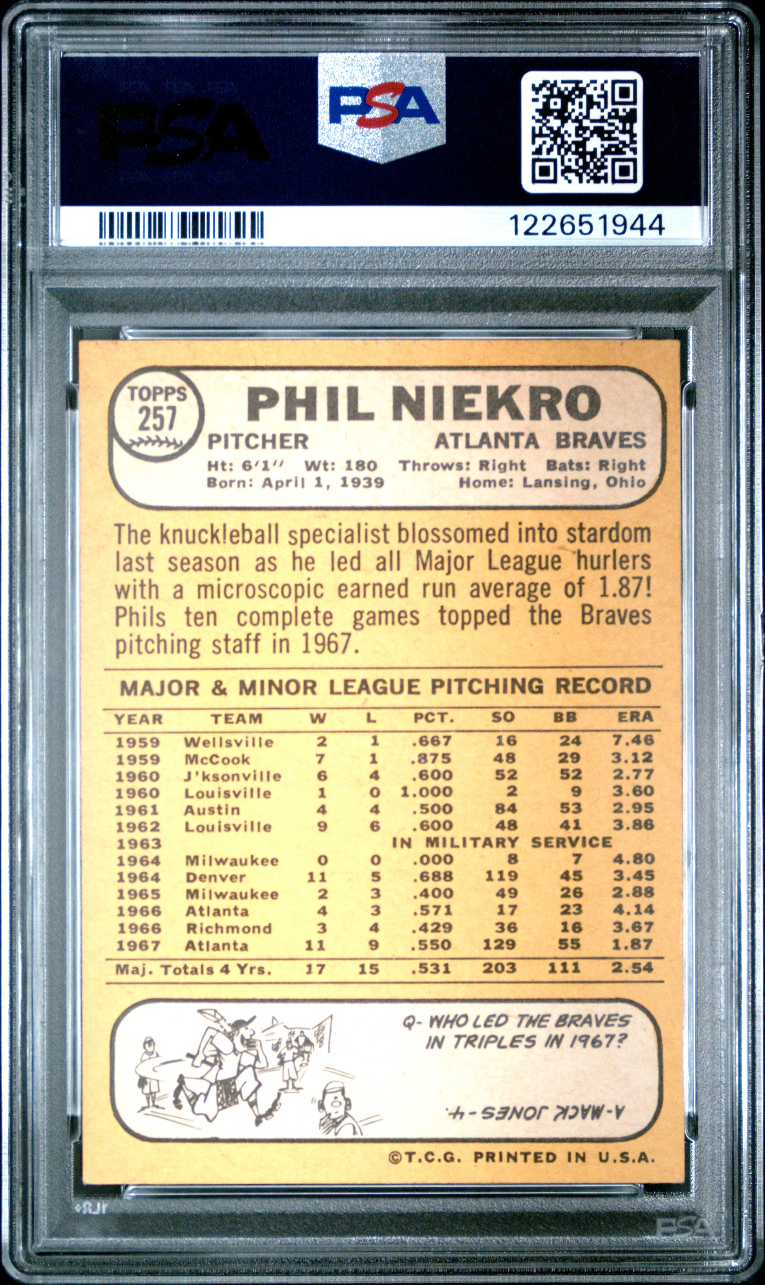 Graded 1968 Topps Phil Niekro #257 Baseball Card PSA 5 Excellent