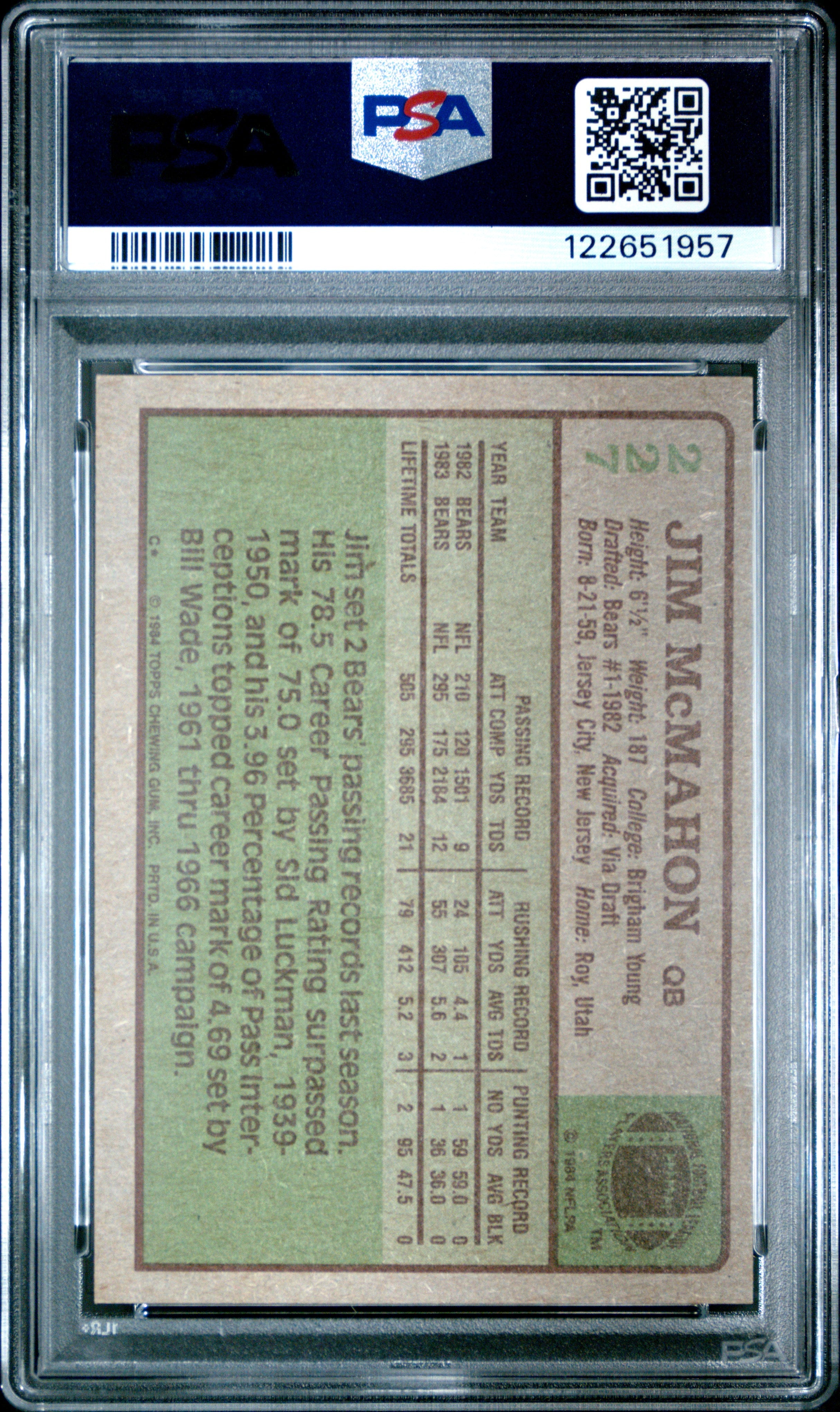 Graded 1984 Topps Jim McMahon #227 Football Card PSA 8 Near Mint