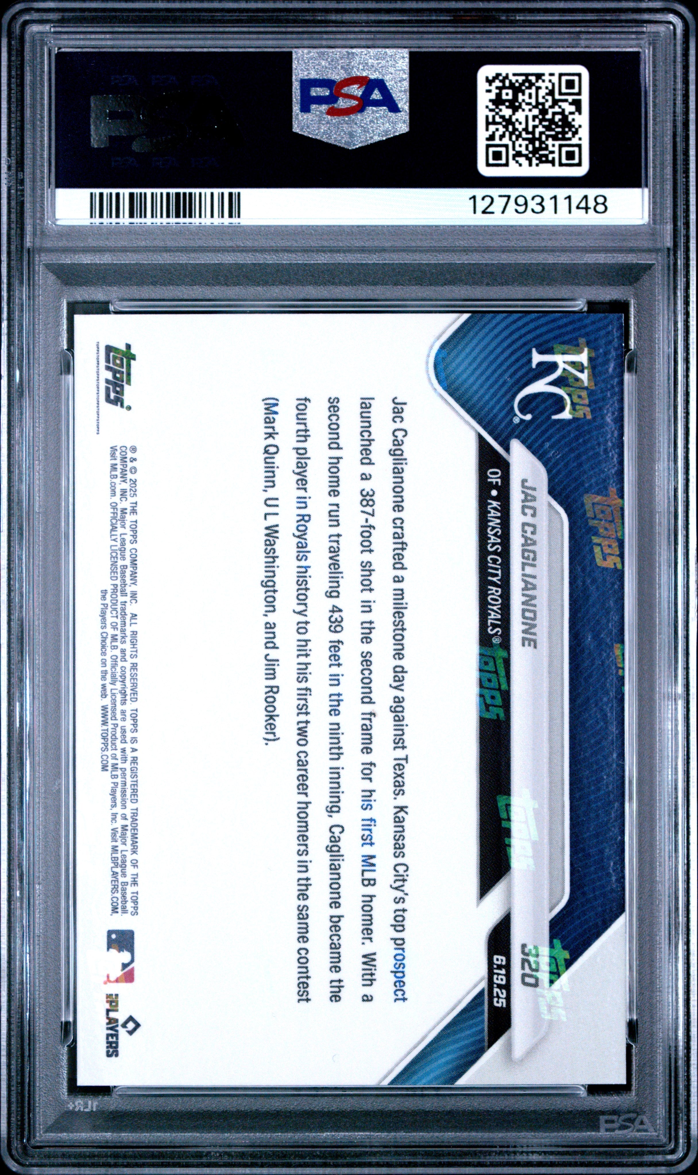 Graded 2025 Topps Now Jac Caglianone #320 Rookie RC Baseball Card PSA 10 Gem Mint