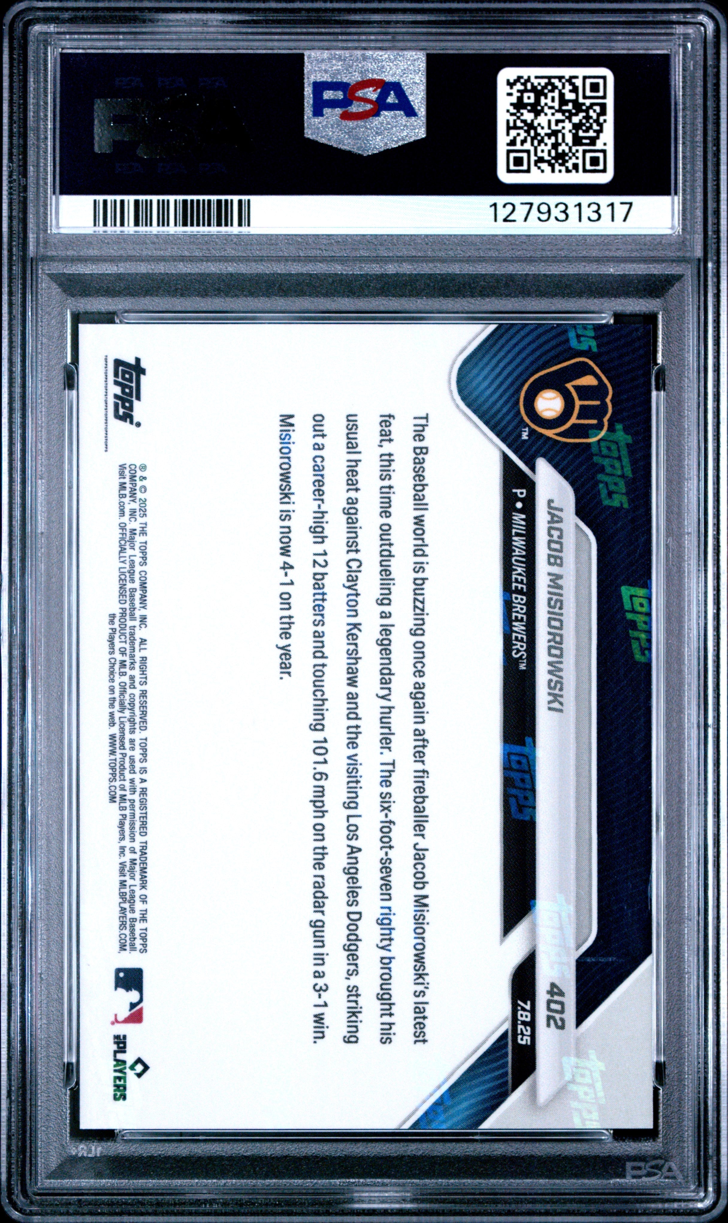 Graded 2025 Topps Now Jacob Misiorowski #402 Rookie RC Baseball Card PSA 9 Mint