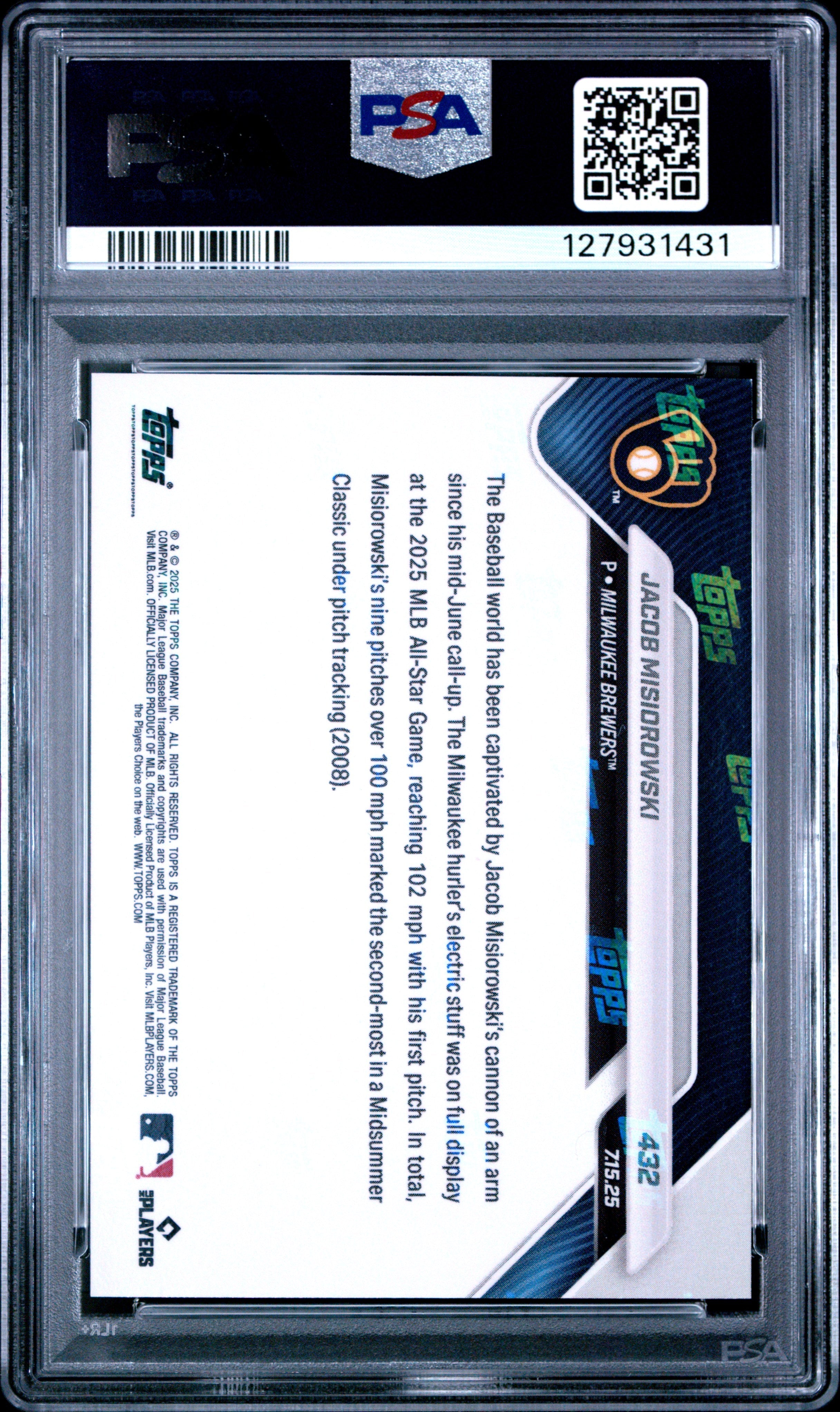 Graded 2025 Topps Now Jacob Misiorowski #432 Rookie RC Baseball Card PSA 10 Gem Mint