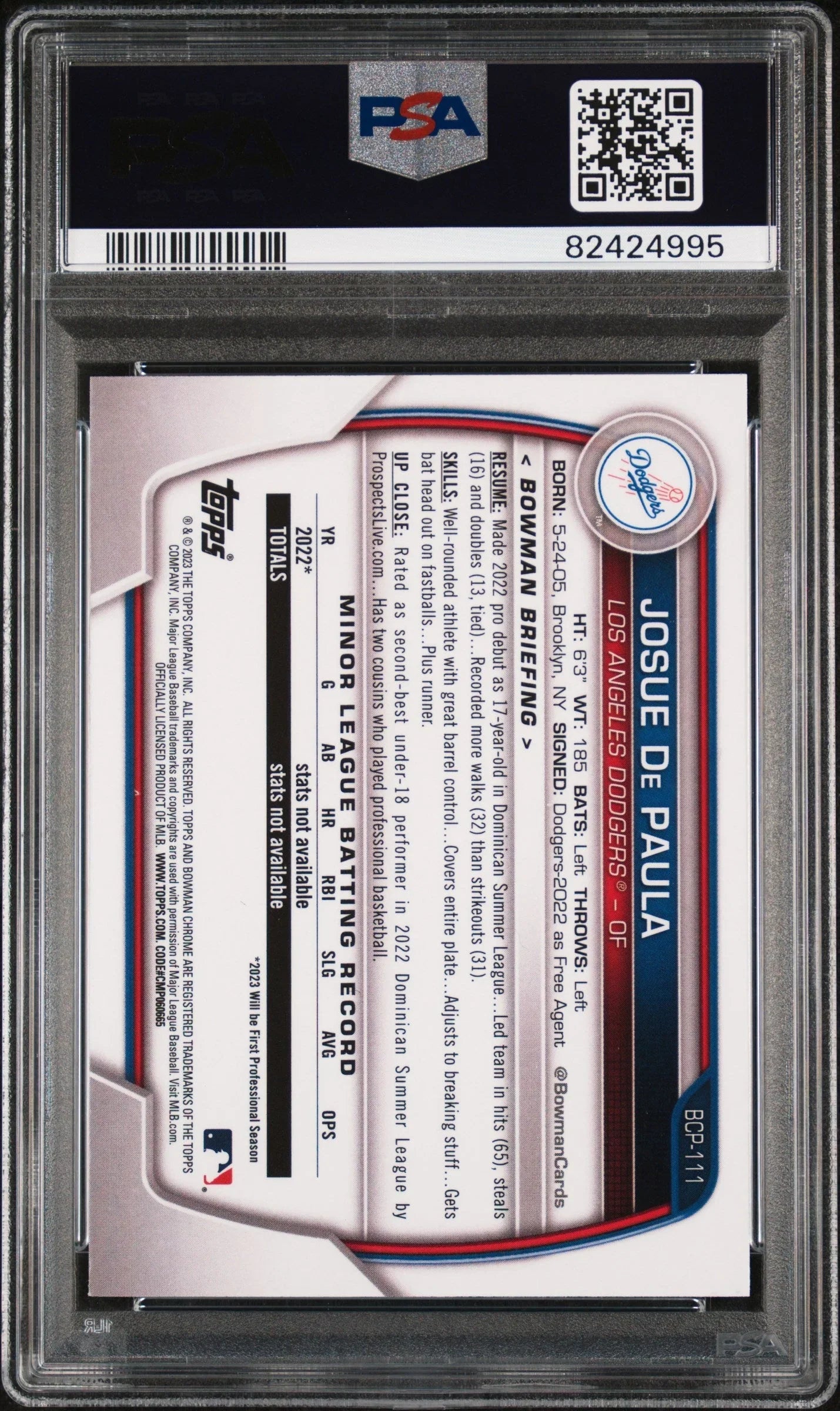 Graded 2023 Topps Bowman Josue De Paula #BCP111 Chrome Prospects Rookie RC Baseball Card PSA 10 Gem Mint