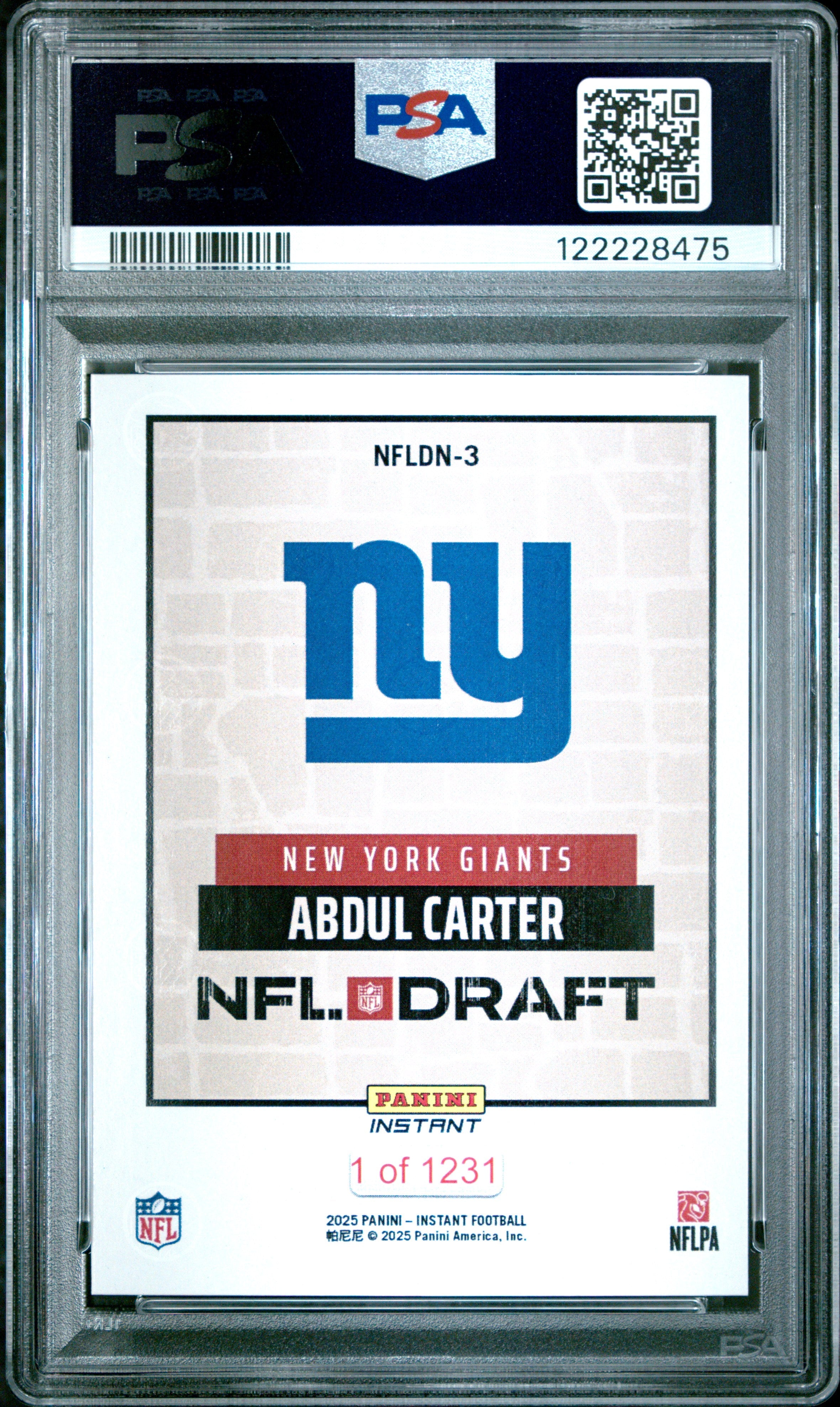 Graded 2025 Panini Instant Abdul Carter #NFLDN3 NFL Draft Night Rookie RC Football Card PSA 10 Gem Mint