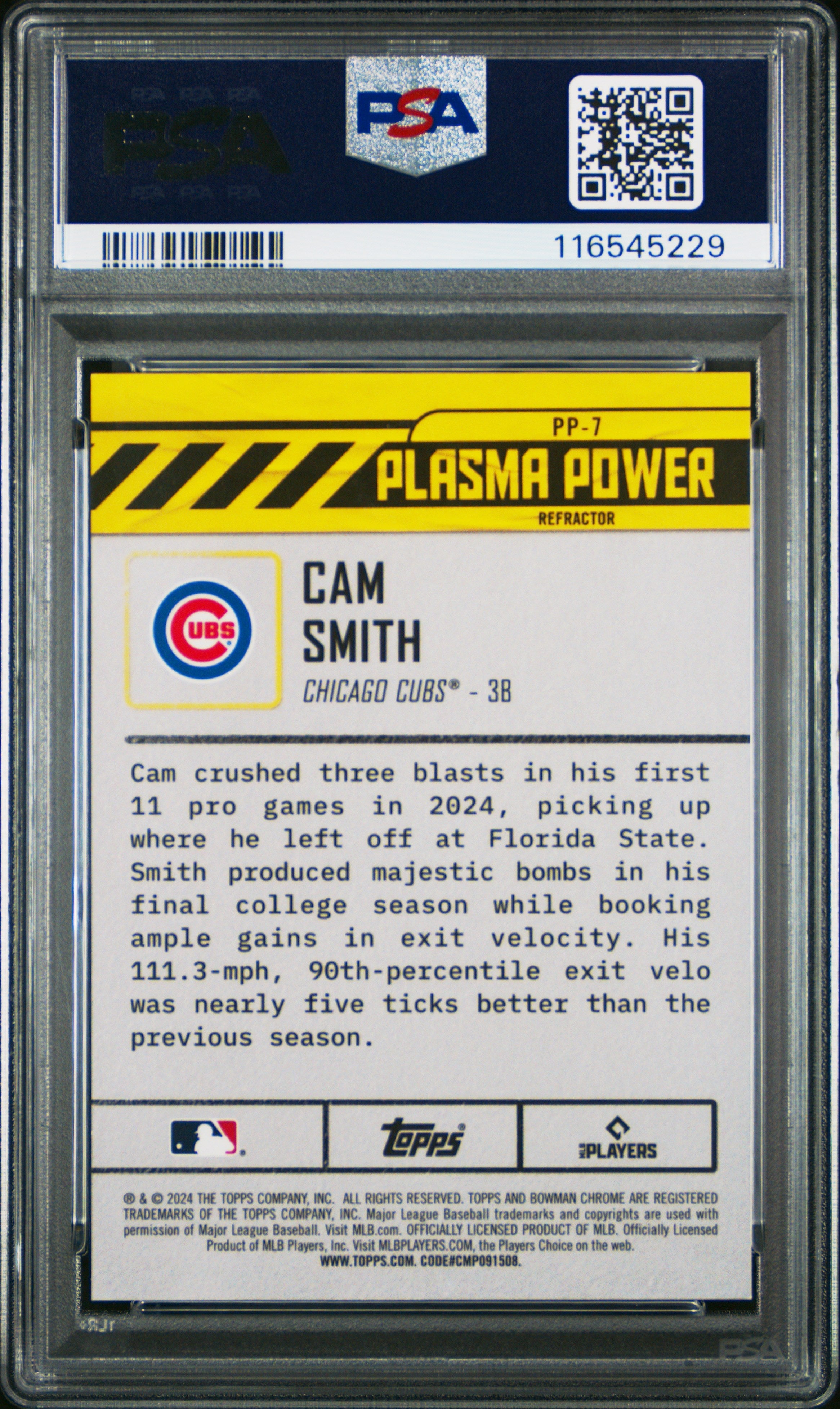 Graded 2024 Topps Bowman Draft Cam Smith #PP7 Plasma Power Refractor /250 Rookie RC Baseball Card PSA 10 Gem Mint
