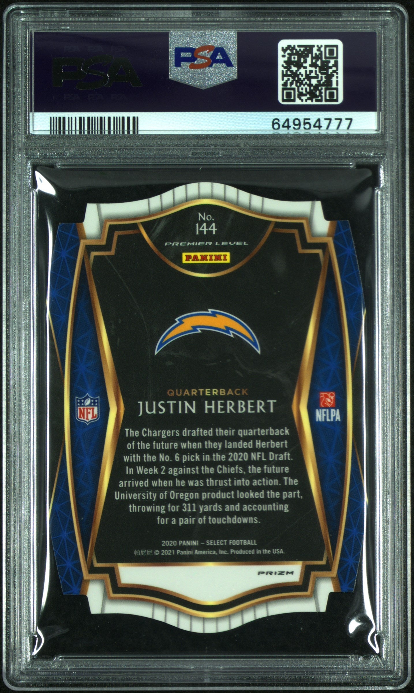 2020 Panini Select Die-Cut Blue Prizm Justin Herbert 10 PSA #144