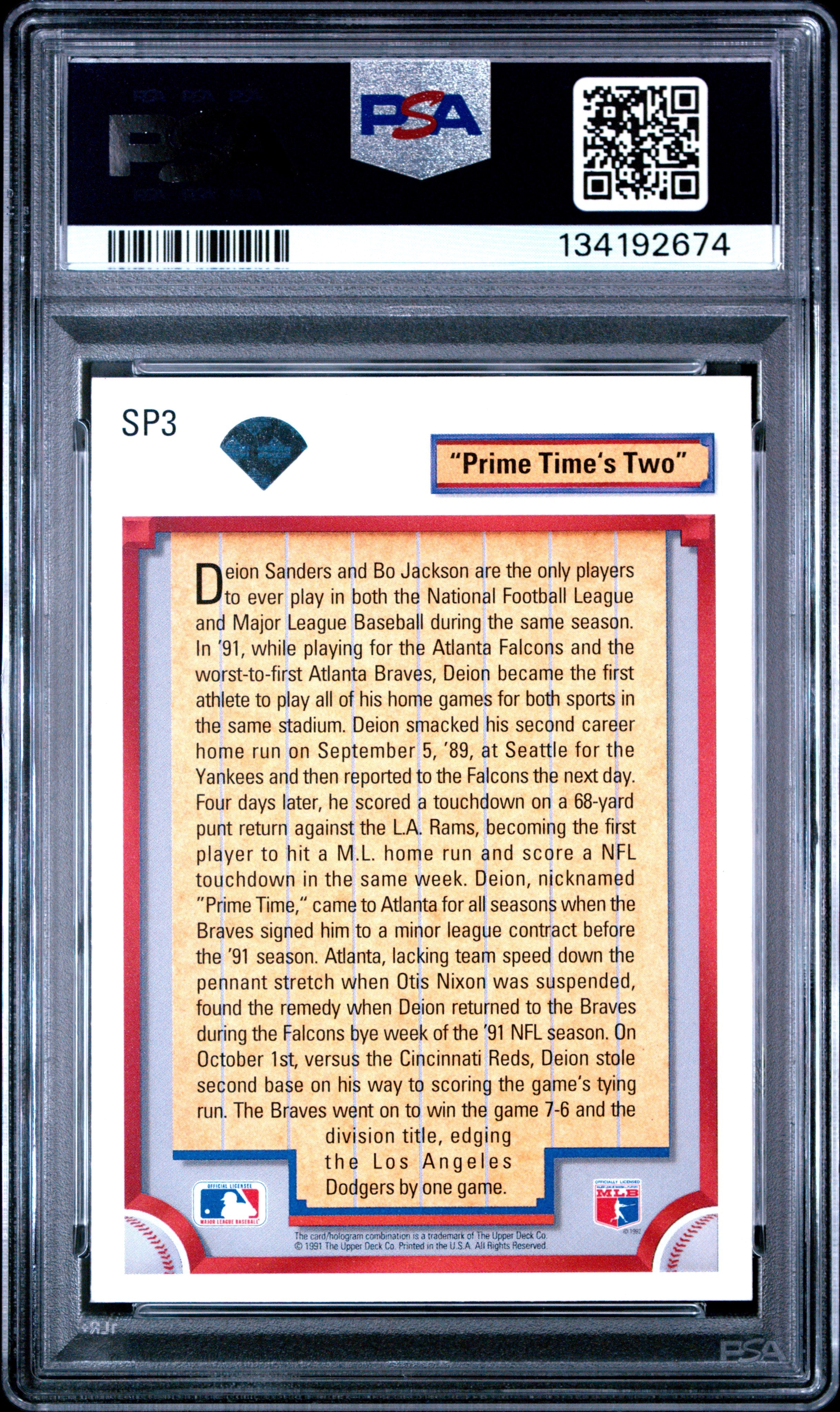 1992 Upper Deck "Prime Time'S Two" Deion Sanders 9 PSA #SP3