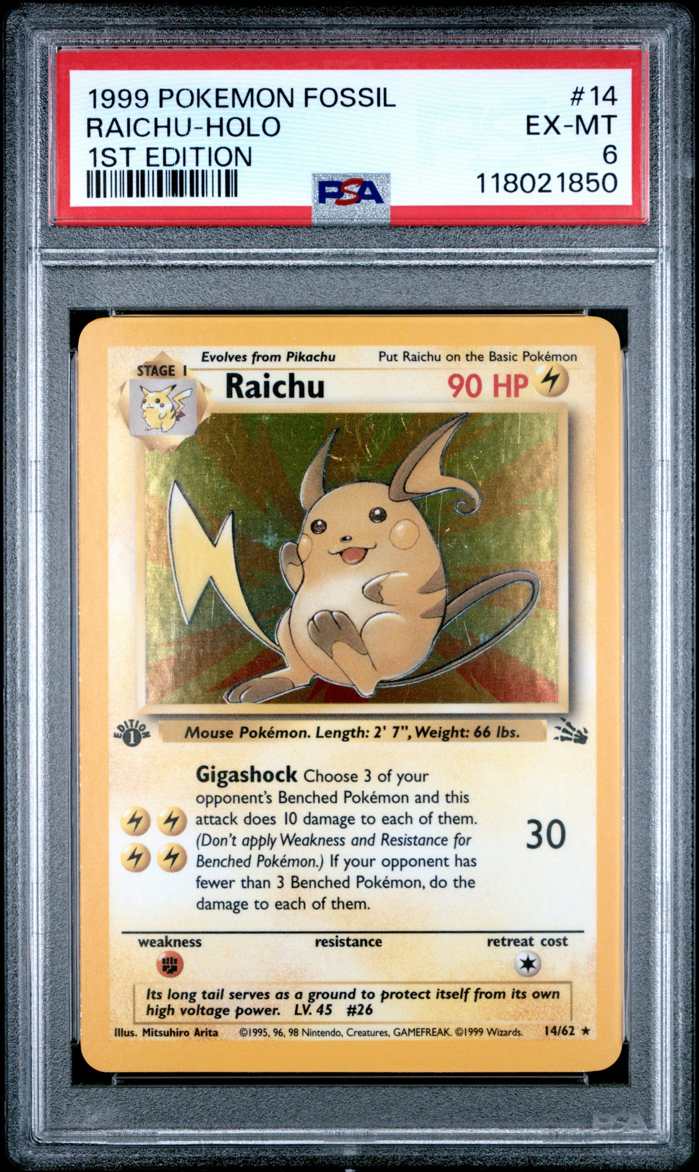1999 Pokemon Fossil 1st Edition Raichu-Holo 6 PSA #14