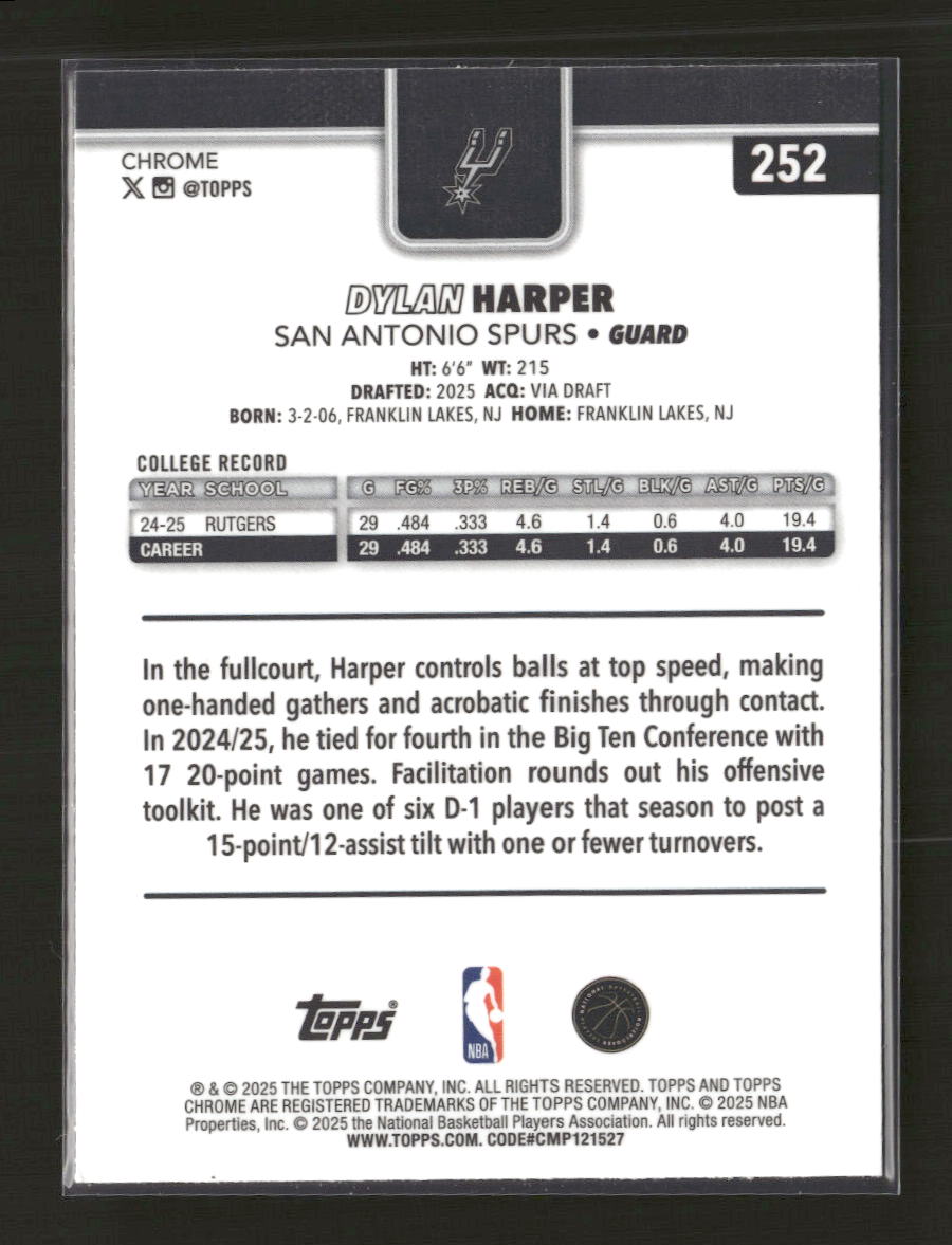 2025-26 Topps Chrome X-Fractor Dylan Harper Rookie #252