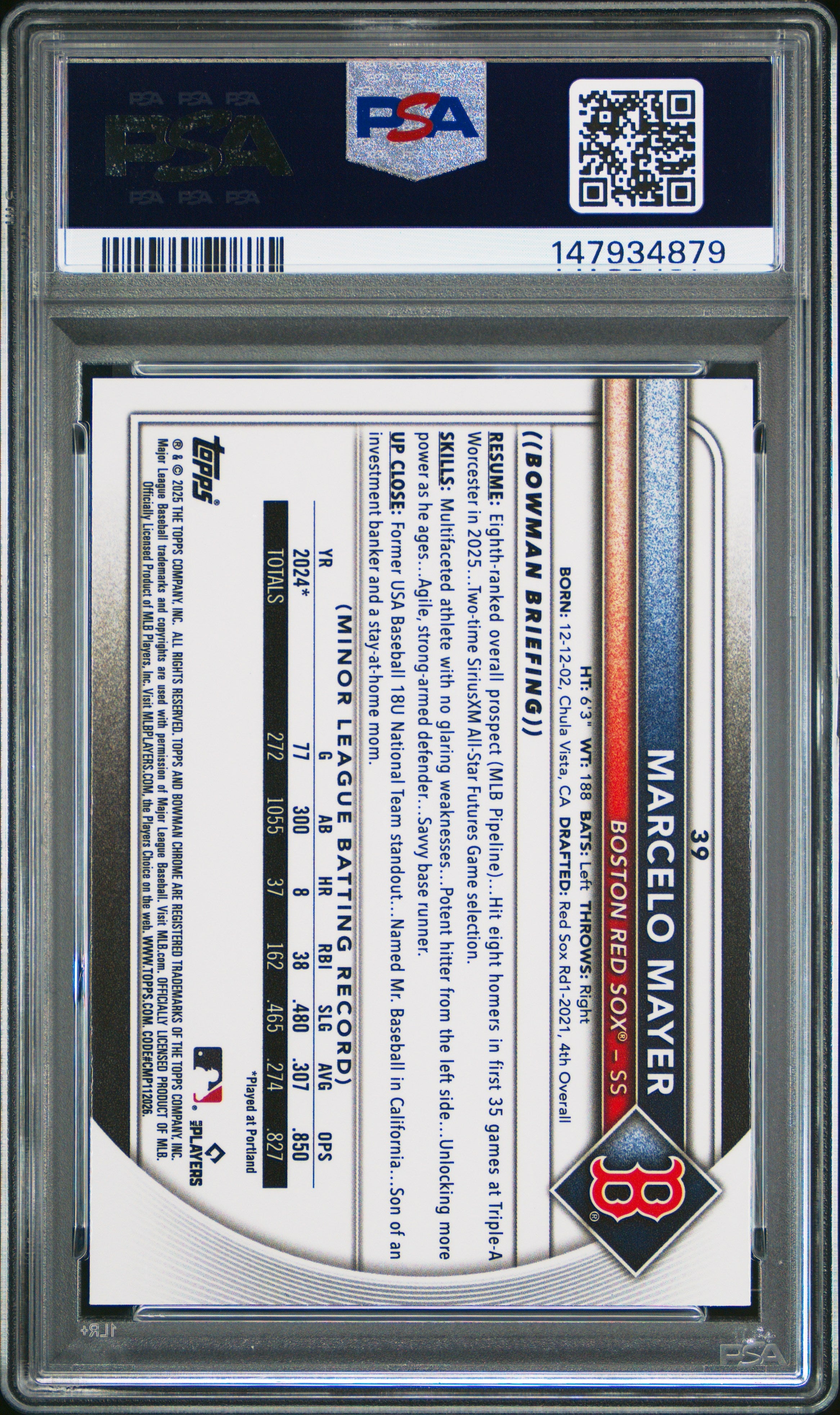 Graded 2025 Topps Bowman Chrome Marcelo Mayer #39 Rookie RC Baseball Card PSA 9 Mint