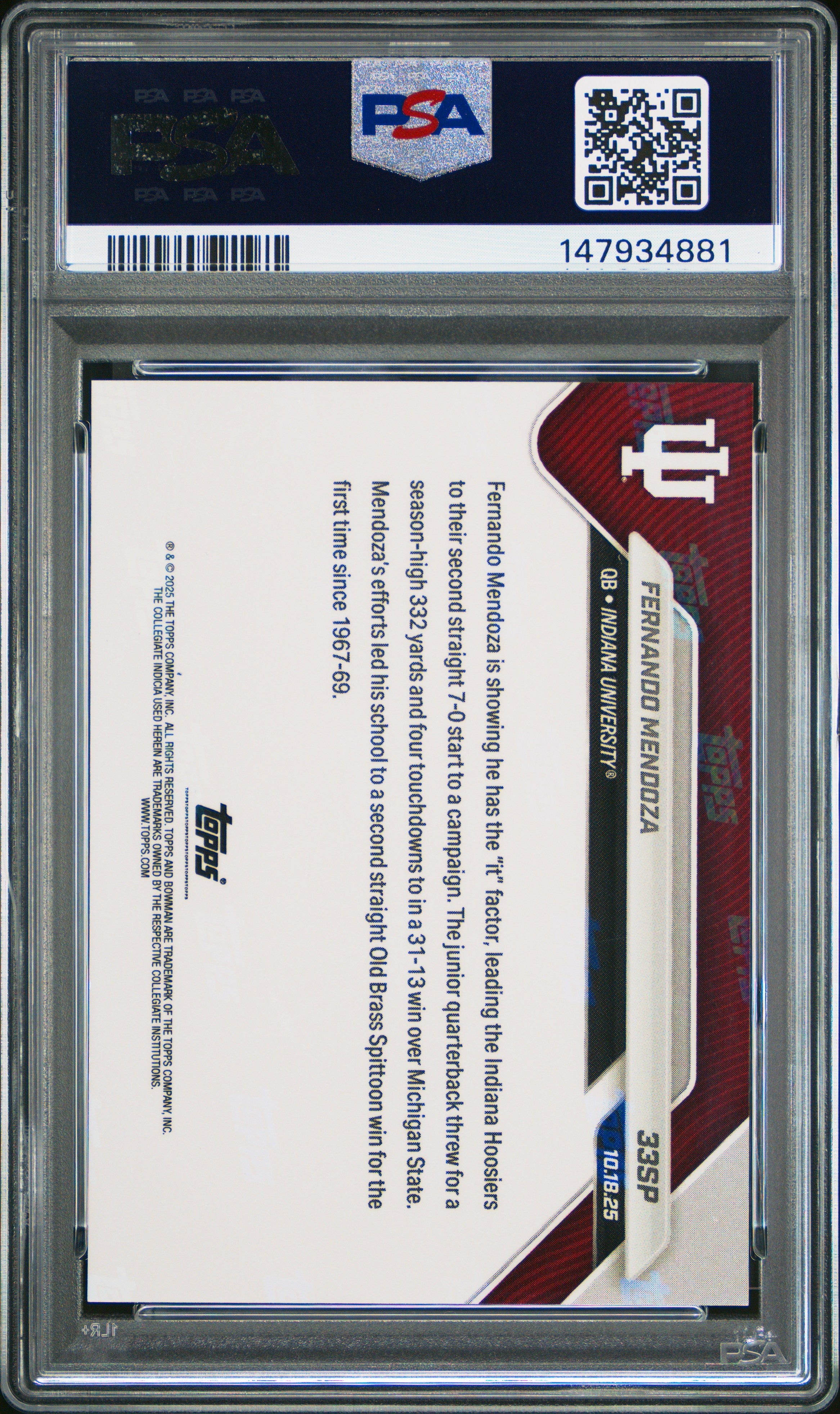 Graded 2025 Topps Bowman U Now Fernando Mendoza #33SP Rookie RC Football Card PSA 9 Mint