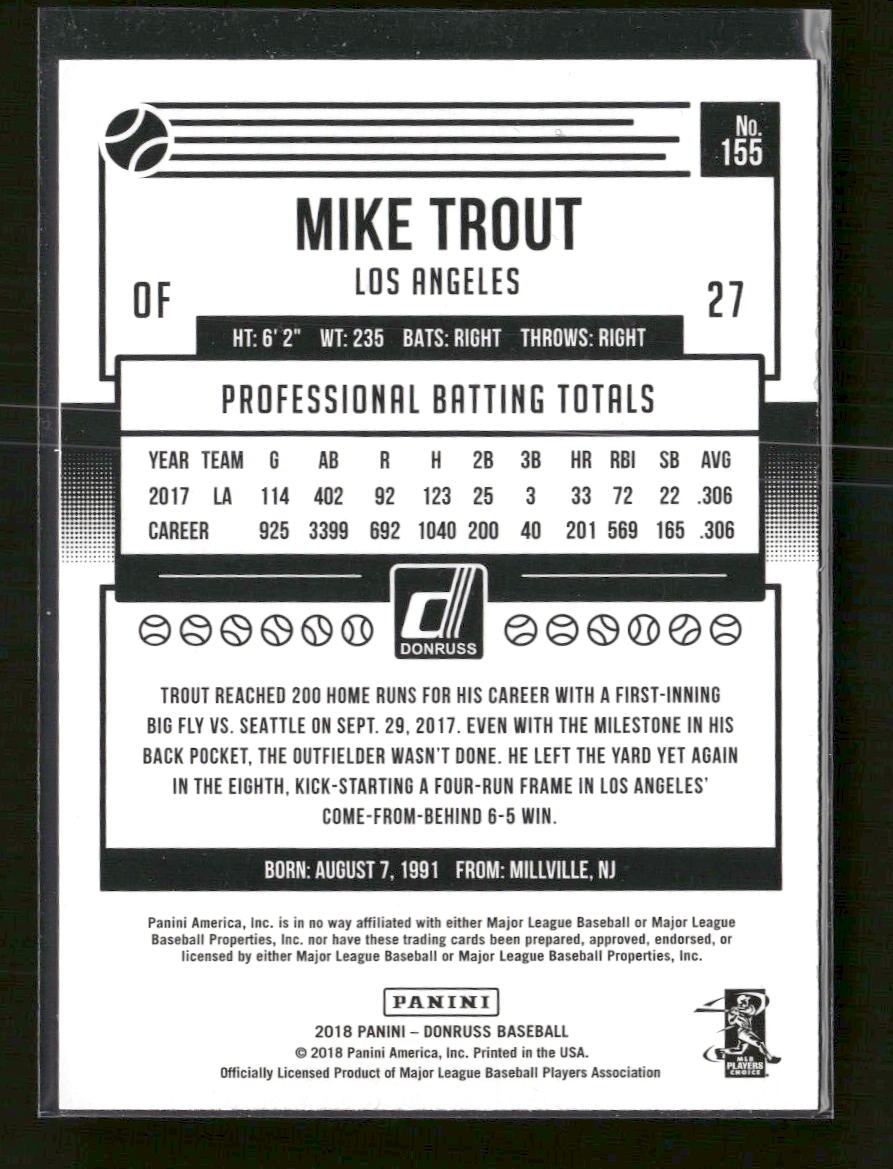 2018 Donruss Press Proof Mike Trout : Millville Meteor #/99 #155