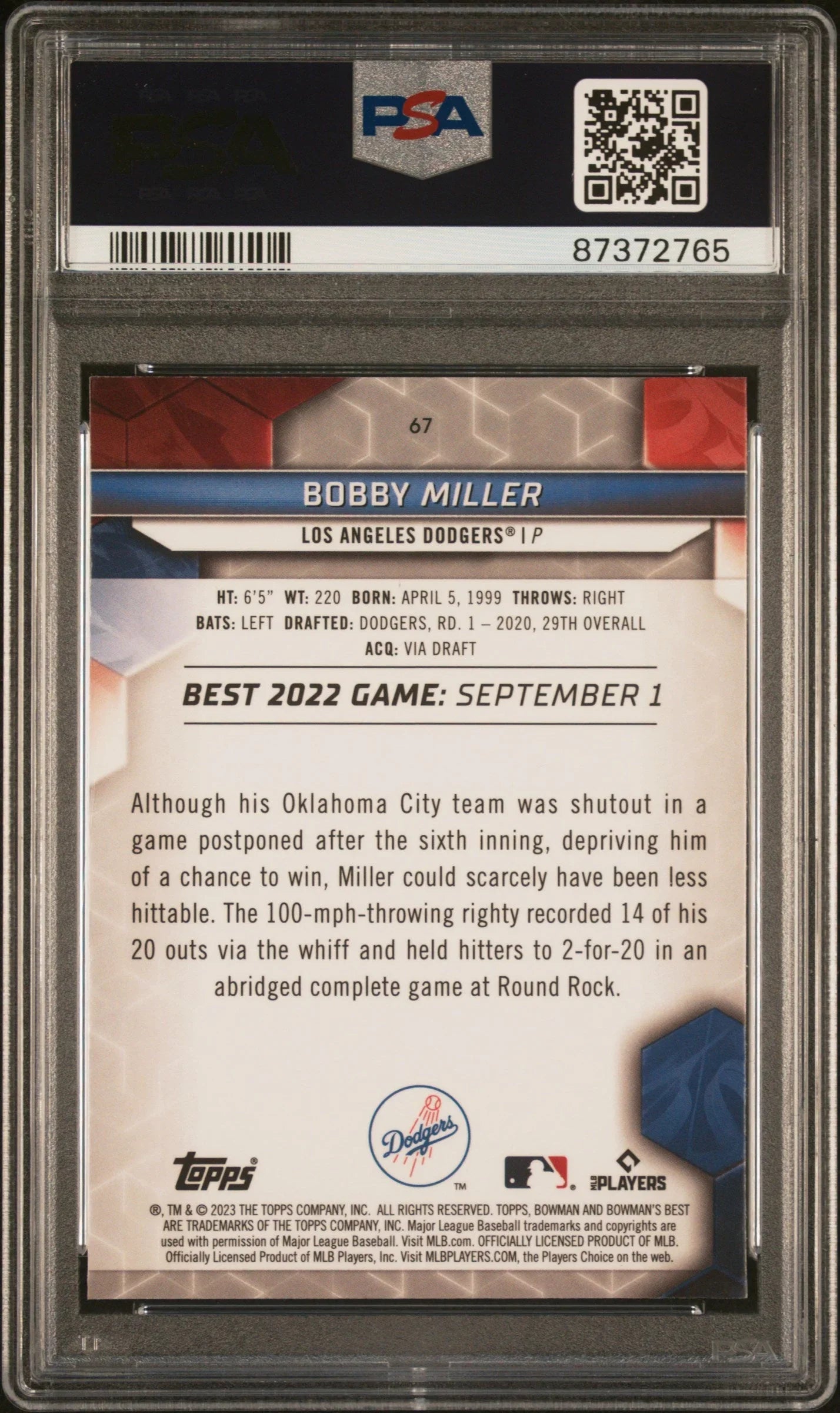 Graded 2023 Topps Bowmans Best Bobby Miller #67 Wave Rookie RC Baseball Card PSA 10 Gem Mint