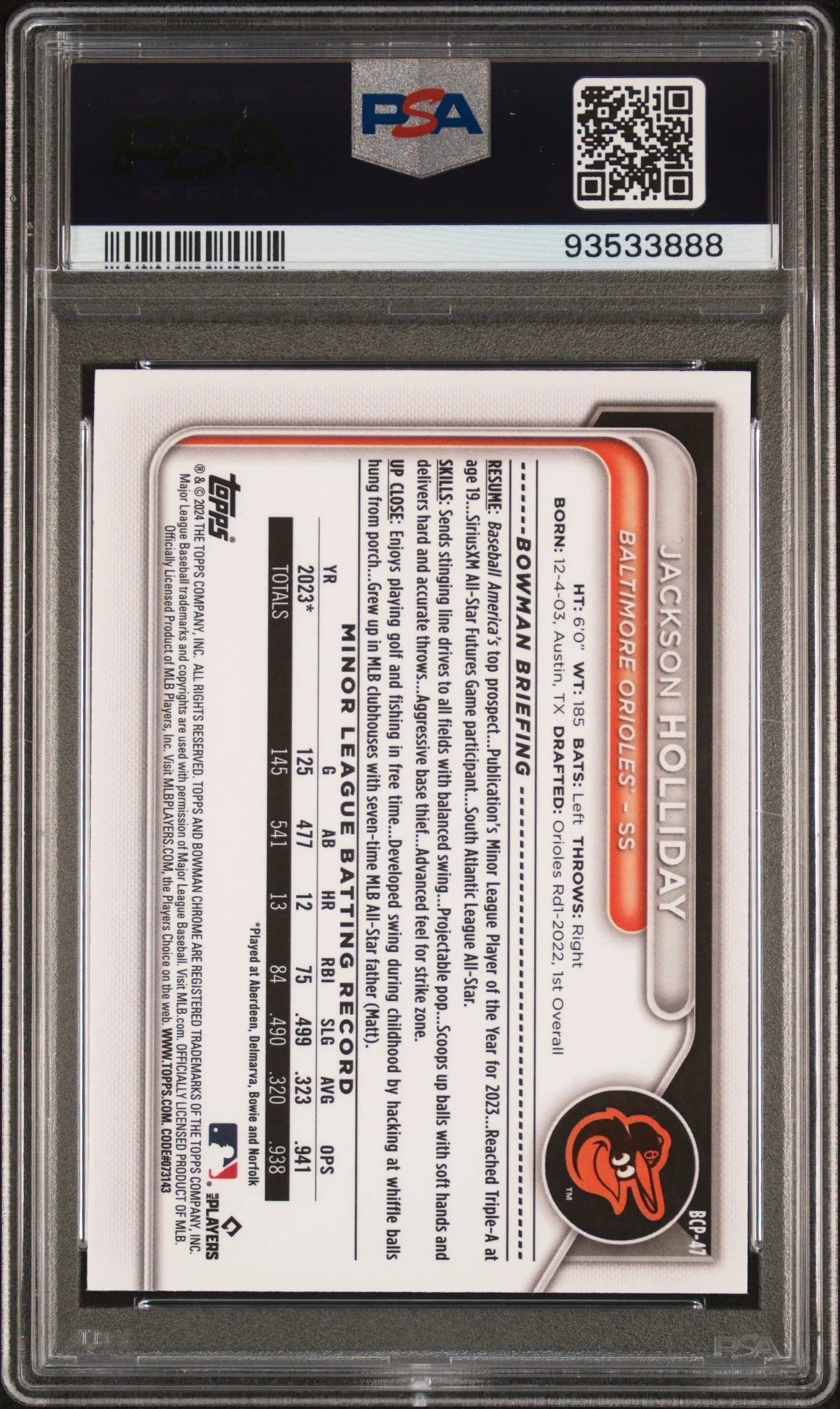 Graded 2024 Topps Bowman Jackson Holliday #BCP47 Chrome Prospects Rookie RC Baseball Card PSA 10 Gem Mint