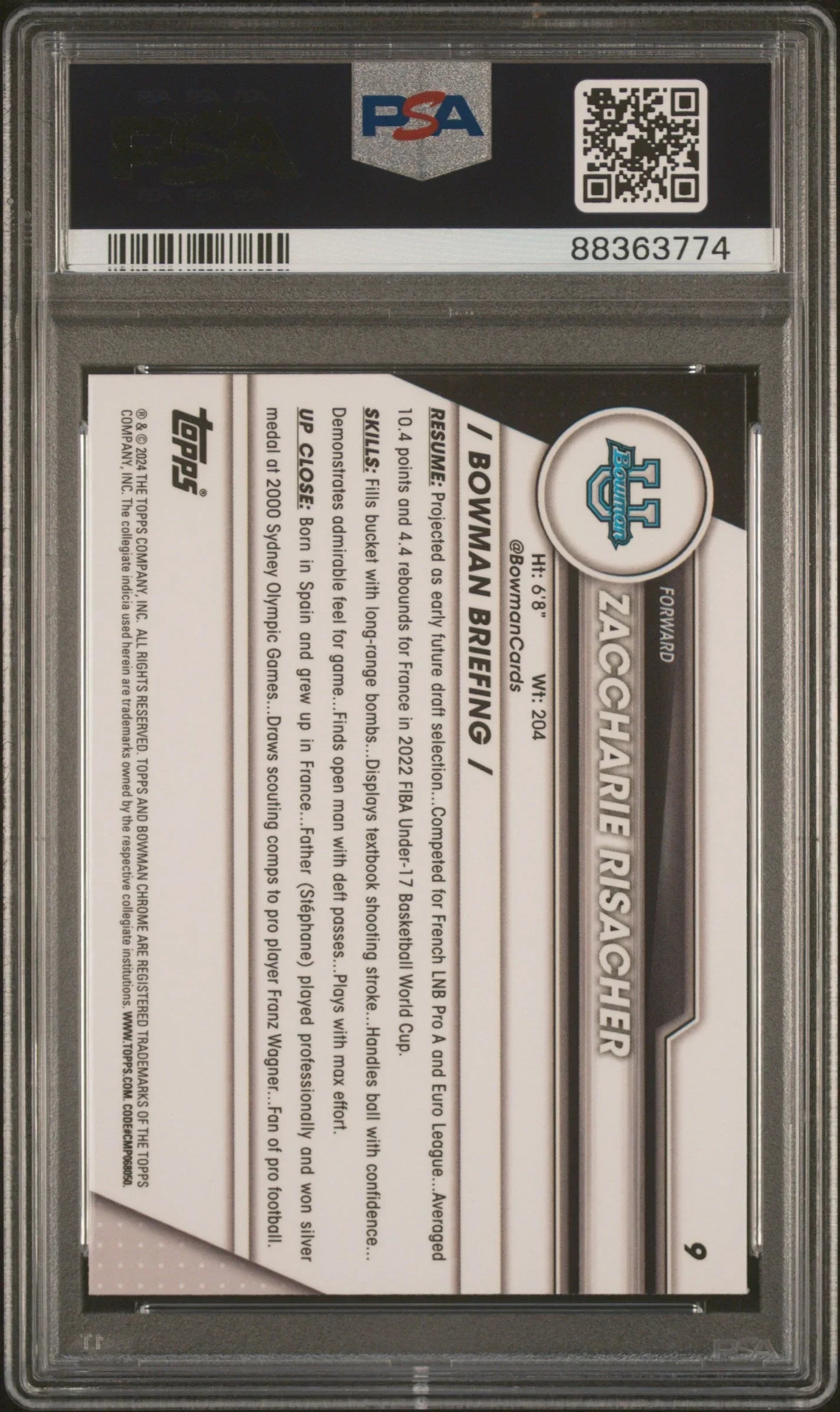 Graded 2023 Topps Bowman U Chrome Zaccharie Risacher #9 Rookie RC Basketball Card PSA 10 Gem Mint