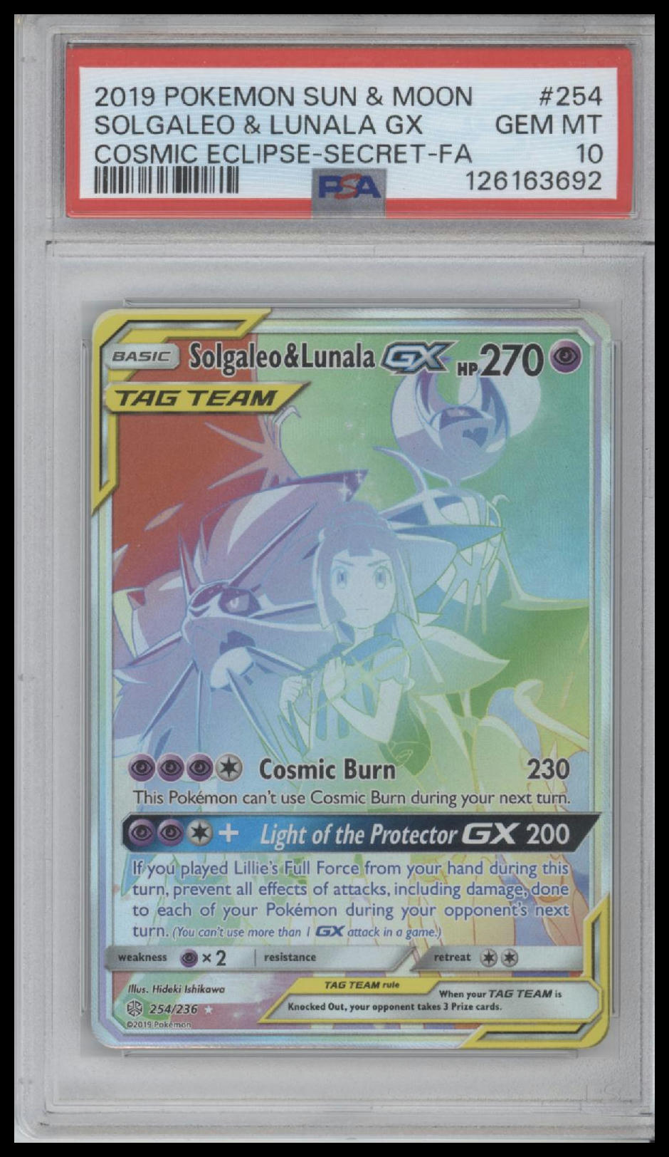 2019 Pokemon S&  Cosmic Eclipse - Secret-Fa Solgaleo & Lunala Gx 10 PSA #254