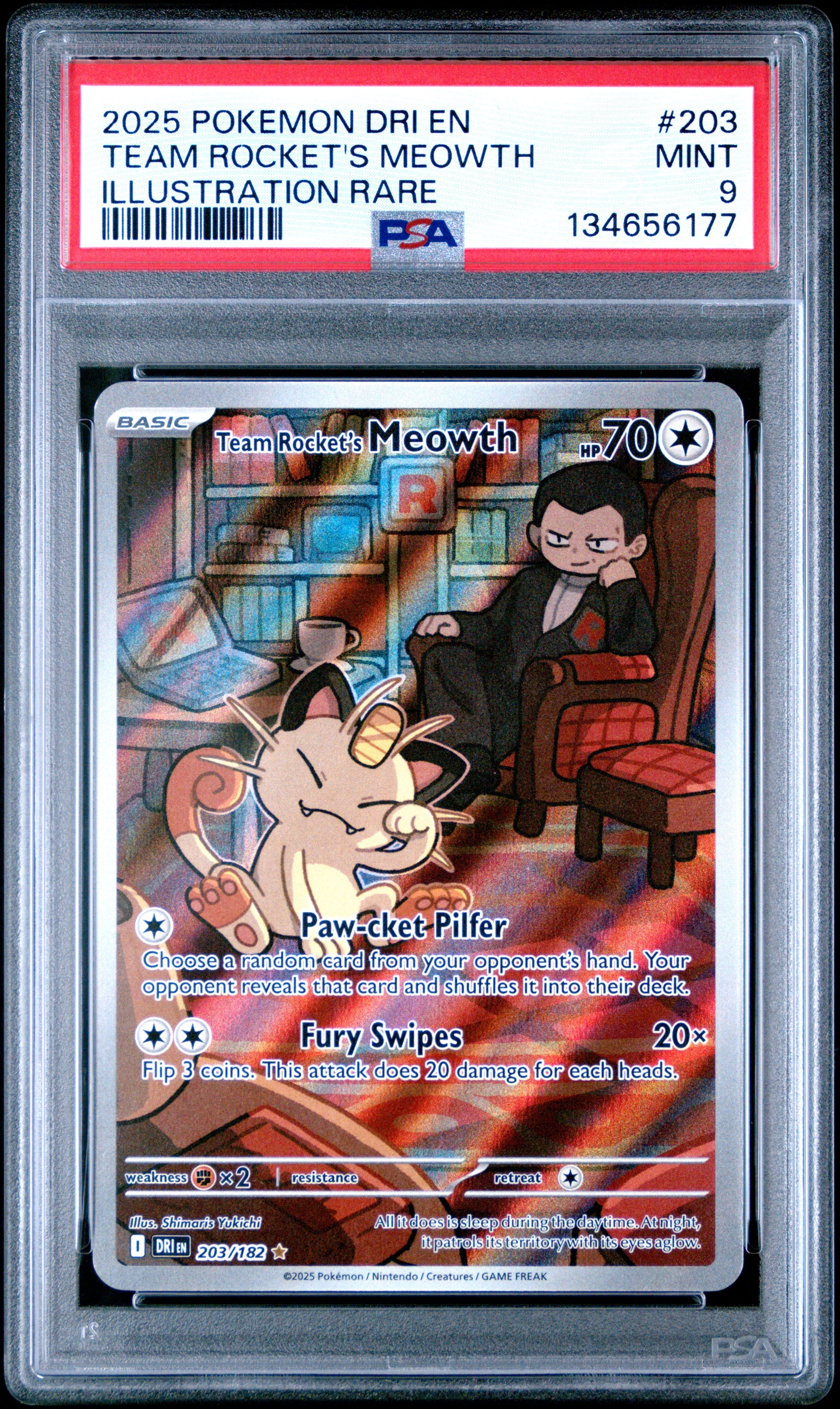 2025 Pokemon DRI EN Illustration Rare Team Rocket's Meowth 9 PSA #203