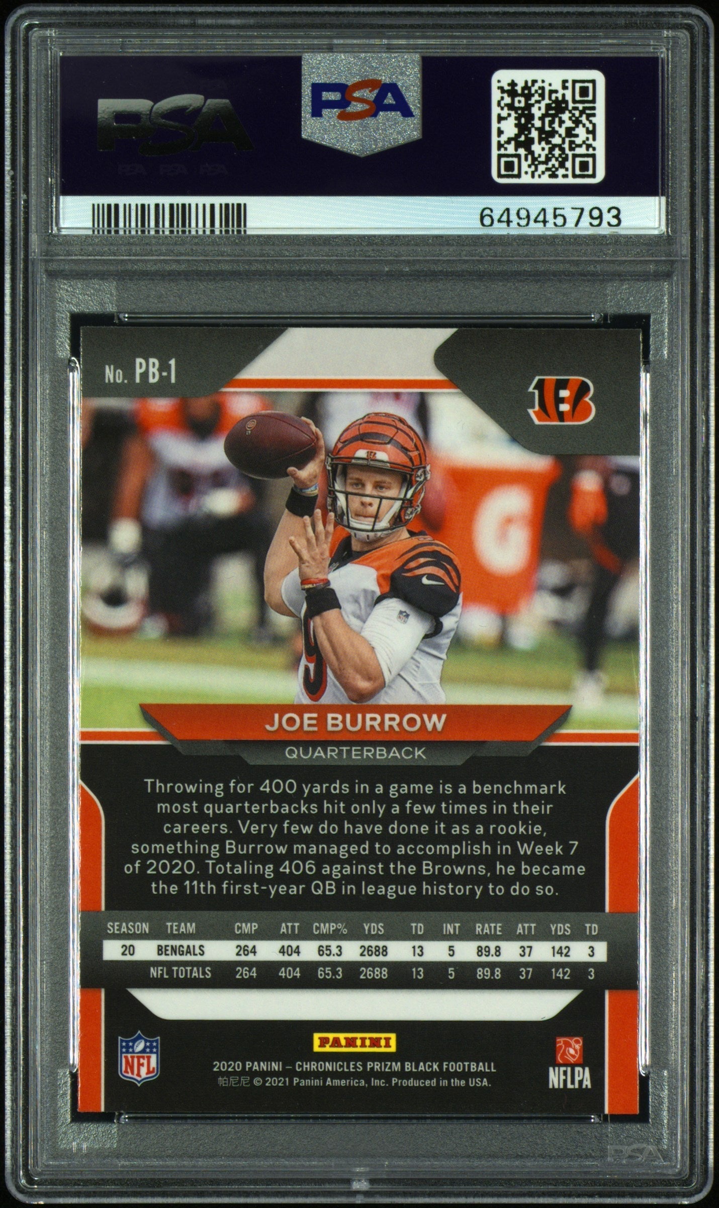 2020 Panini Chronicles Prizm Black Prizm Black Joe Burrow 10 PSA #PB1