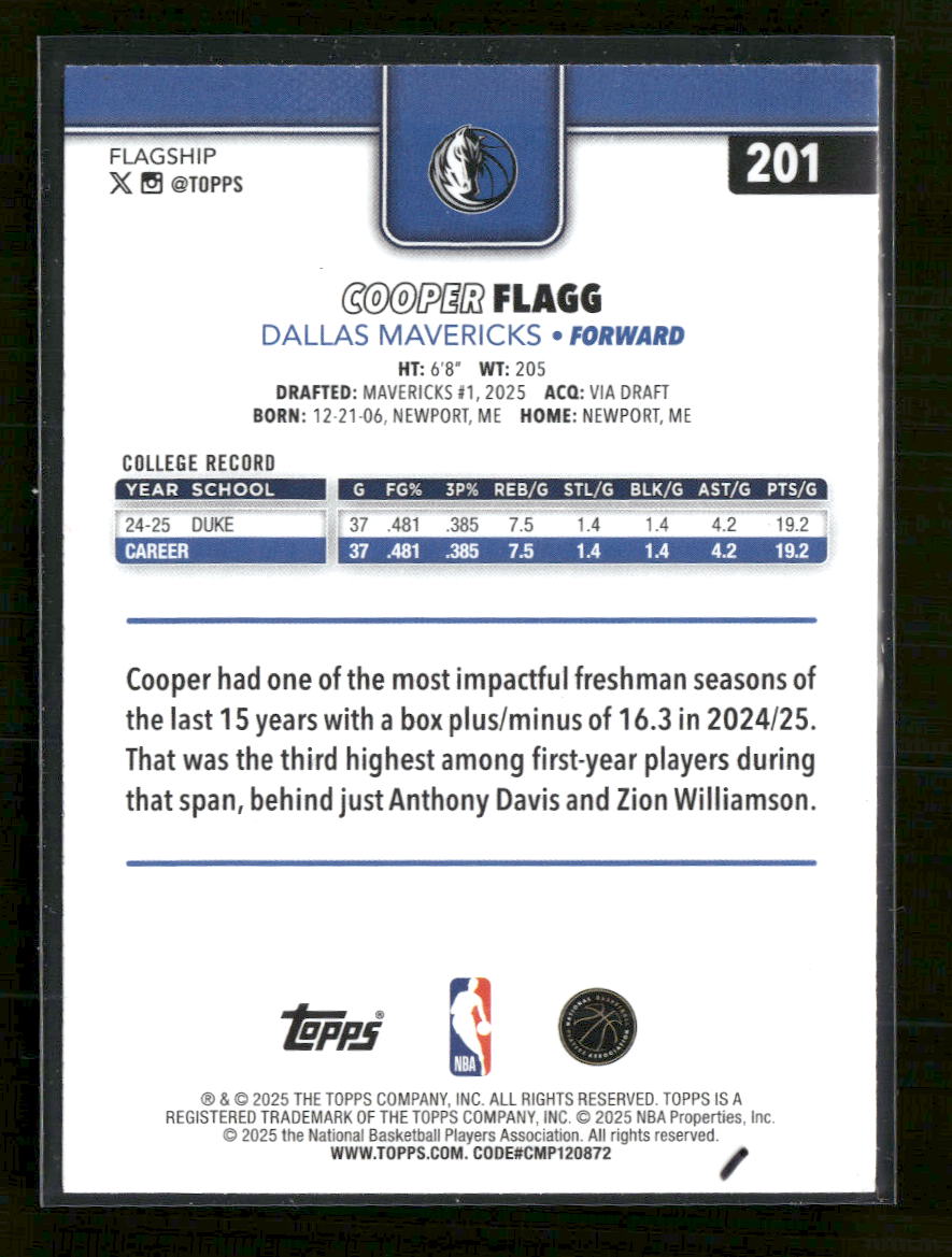 2025-26 Topps Cooper Flagg Rookie #201