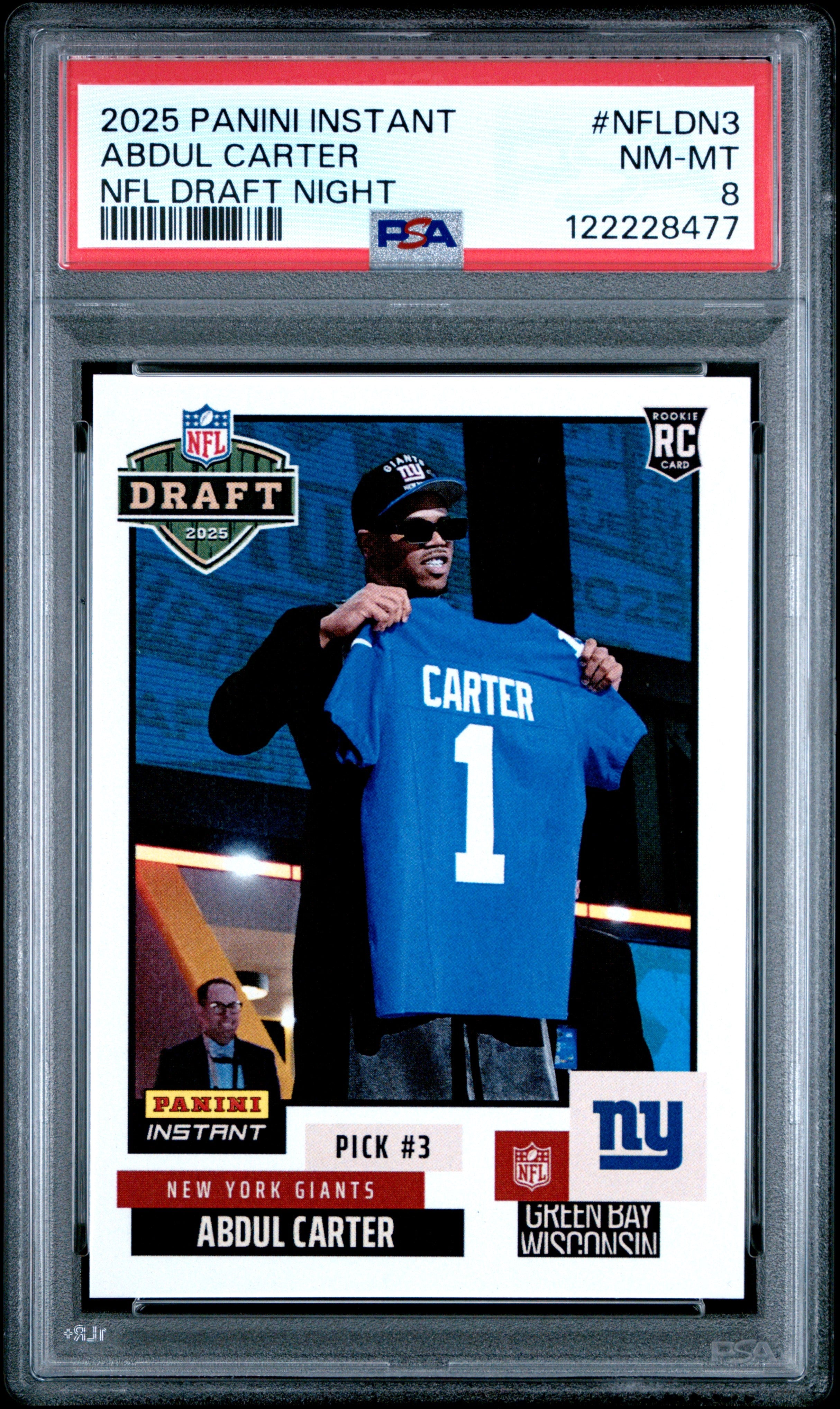 Graded 2025 Panini Instant Abdul Carter #NFLDN3 NFL Draft Night Rookie RC Football Card PSA 8 Near Mint