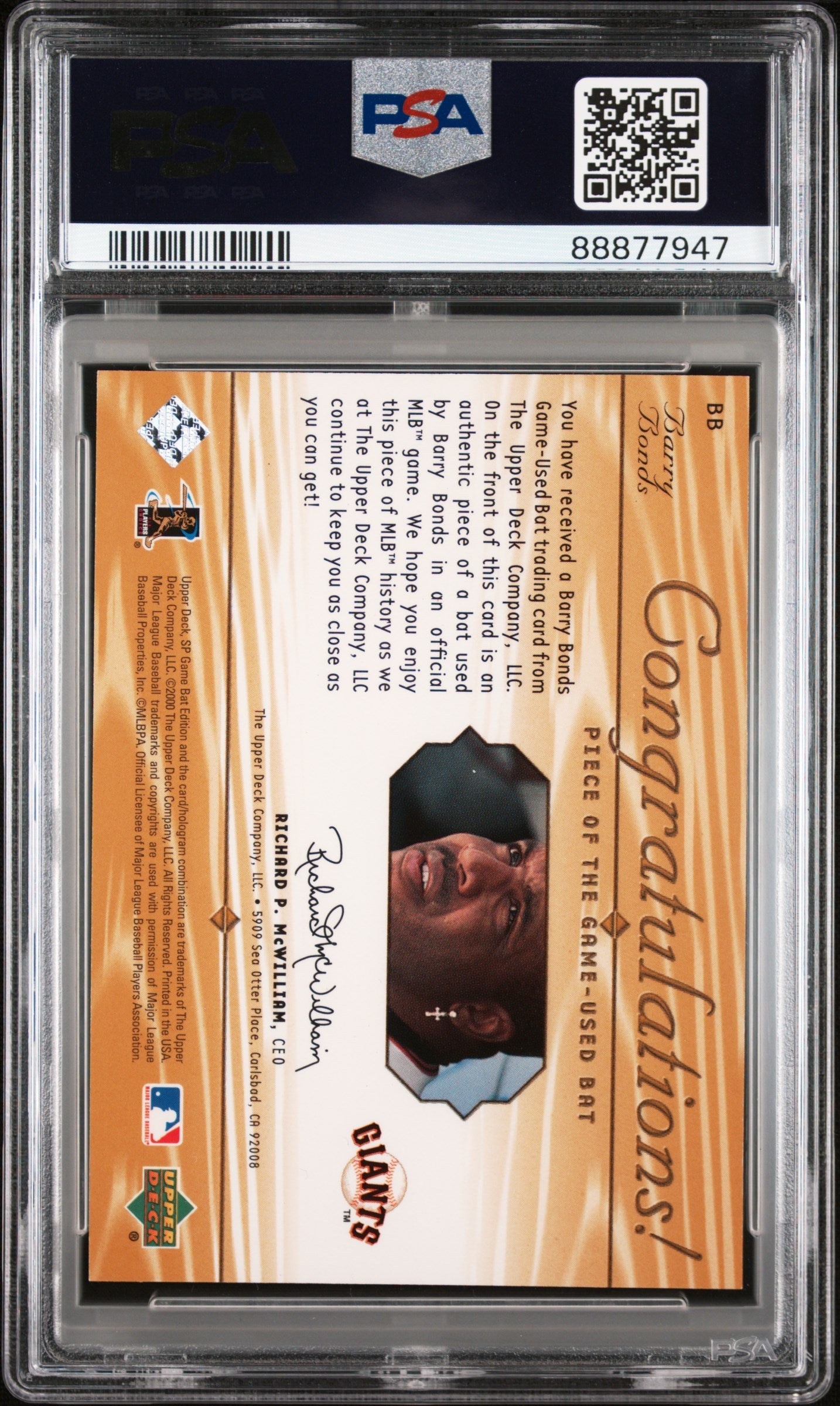 2001 Sp Game Bat Piece Of The Game Piece Of The Game Barry Bonds 8 PSA #BB