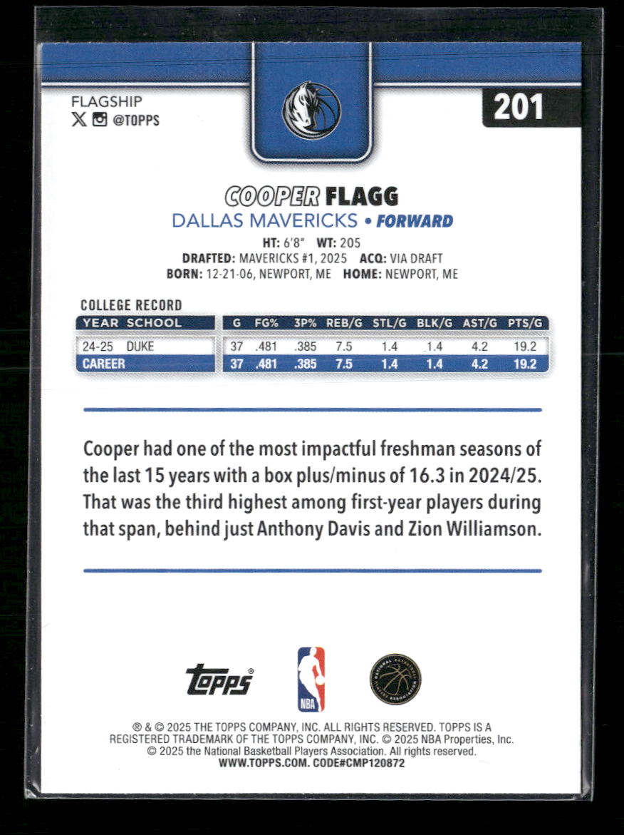 2025-26 Topps Cooper Flagg Rookie #201