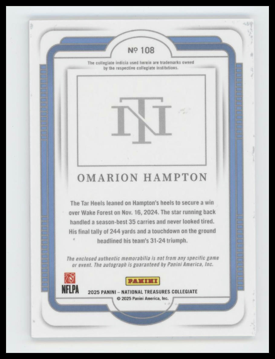 2025 Panini National Treasures Collegiate Blue Omarion Hampton #/49 Auto #108