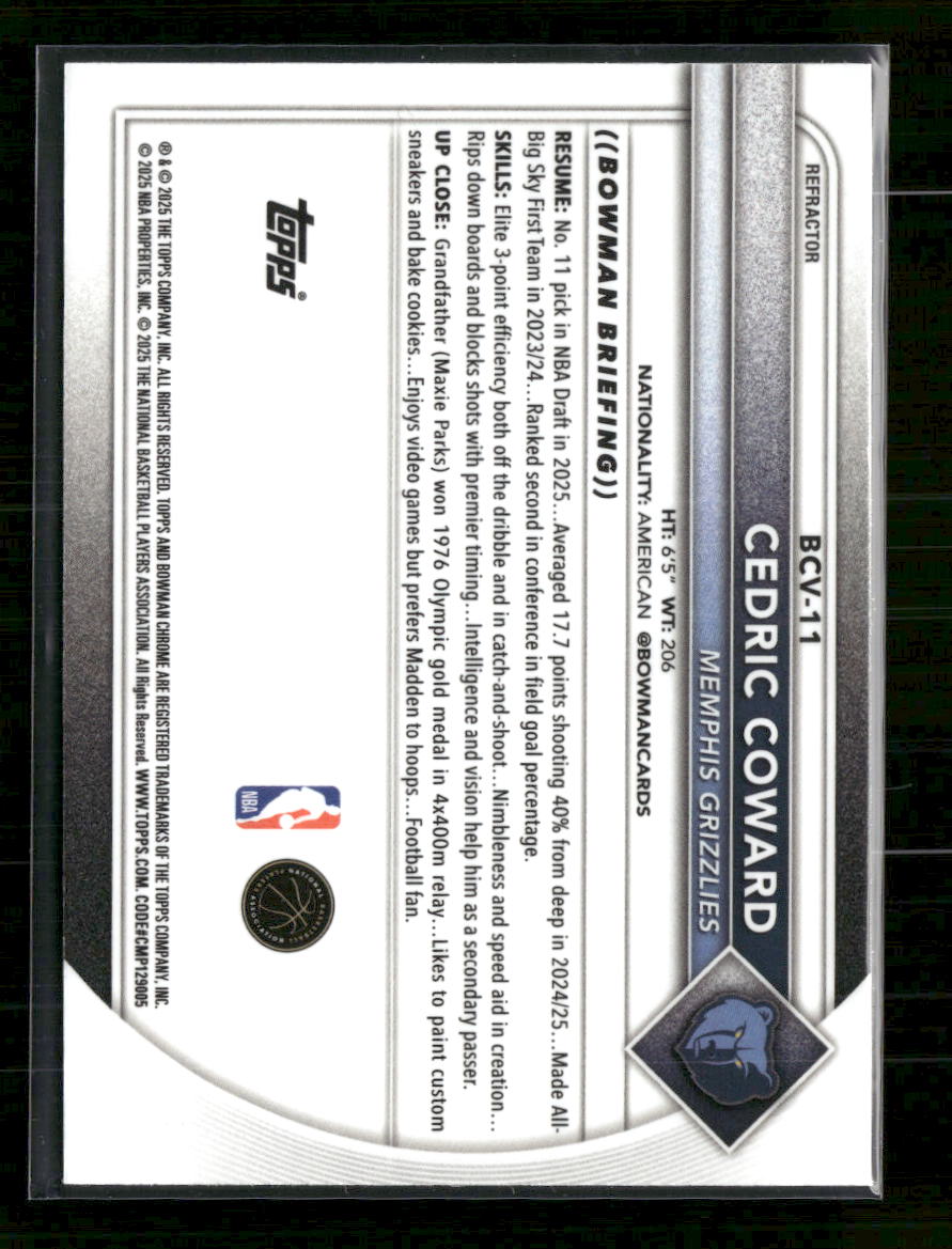 2025-26 Bowman Chrome Refractor Cedric Coward #/499 #BCV-11
