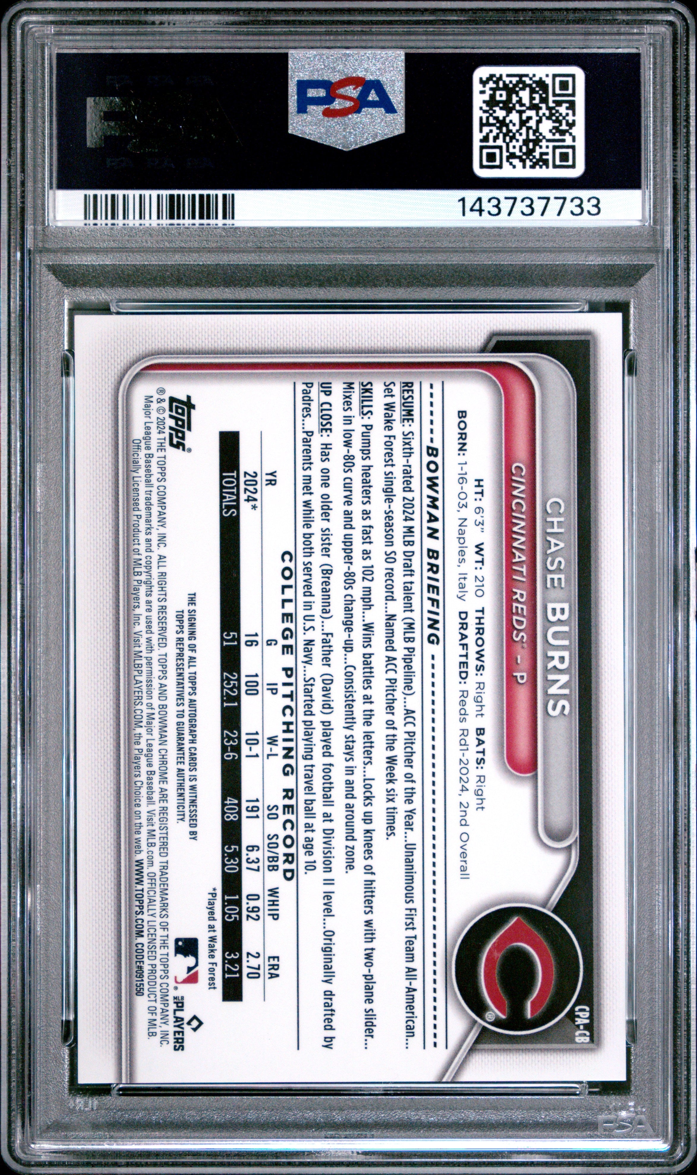 2024 Bowman Draft Chrome Prospect Autographs Chase Burns 9 PSA #CPACB
