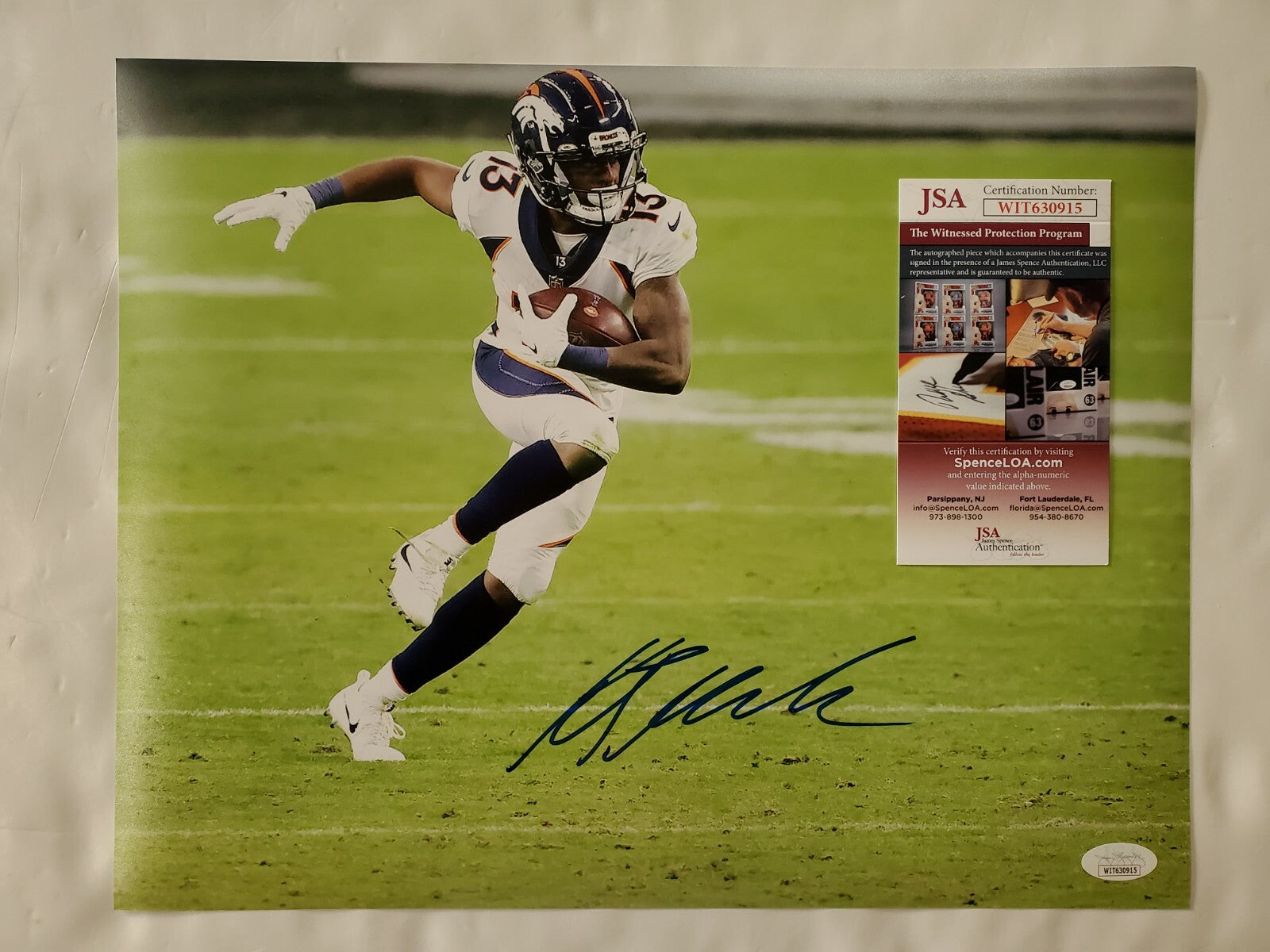 Denver Broncos Kj Hamler Autographed Signed 11X14 Photo Jsa Coa