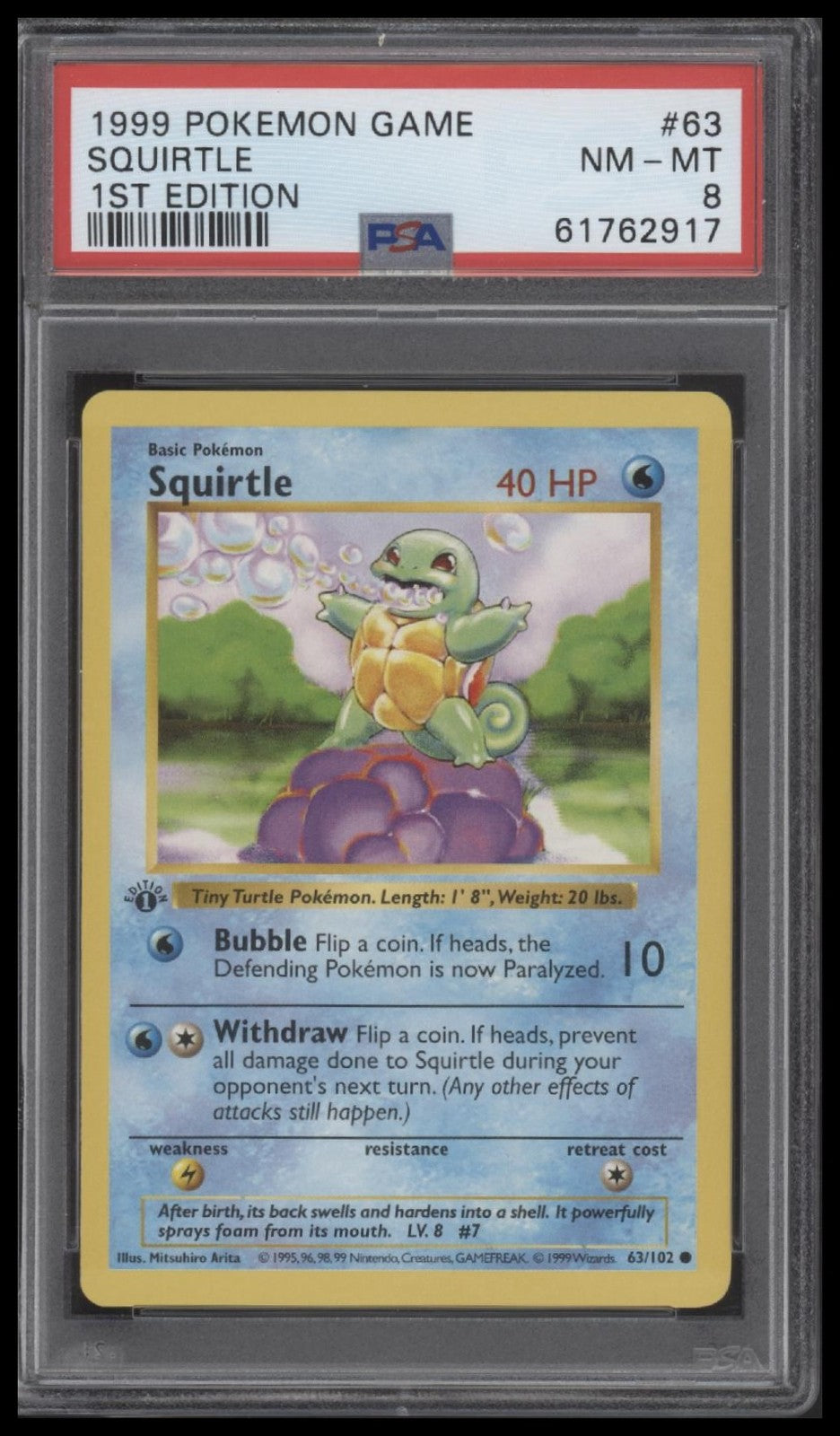 Squirtle 1999 Pokemon Game #63 1st Edition PSA 8