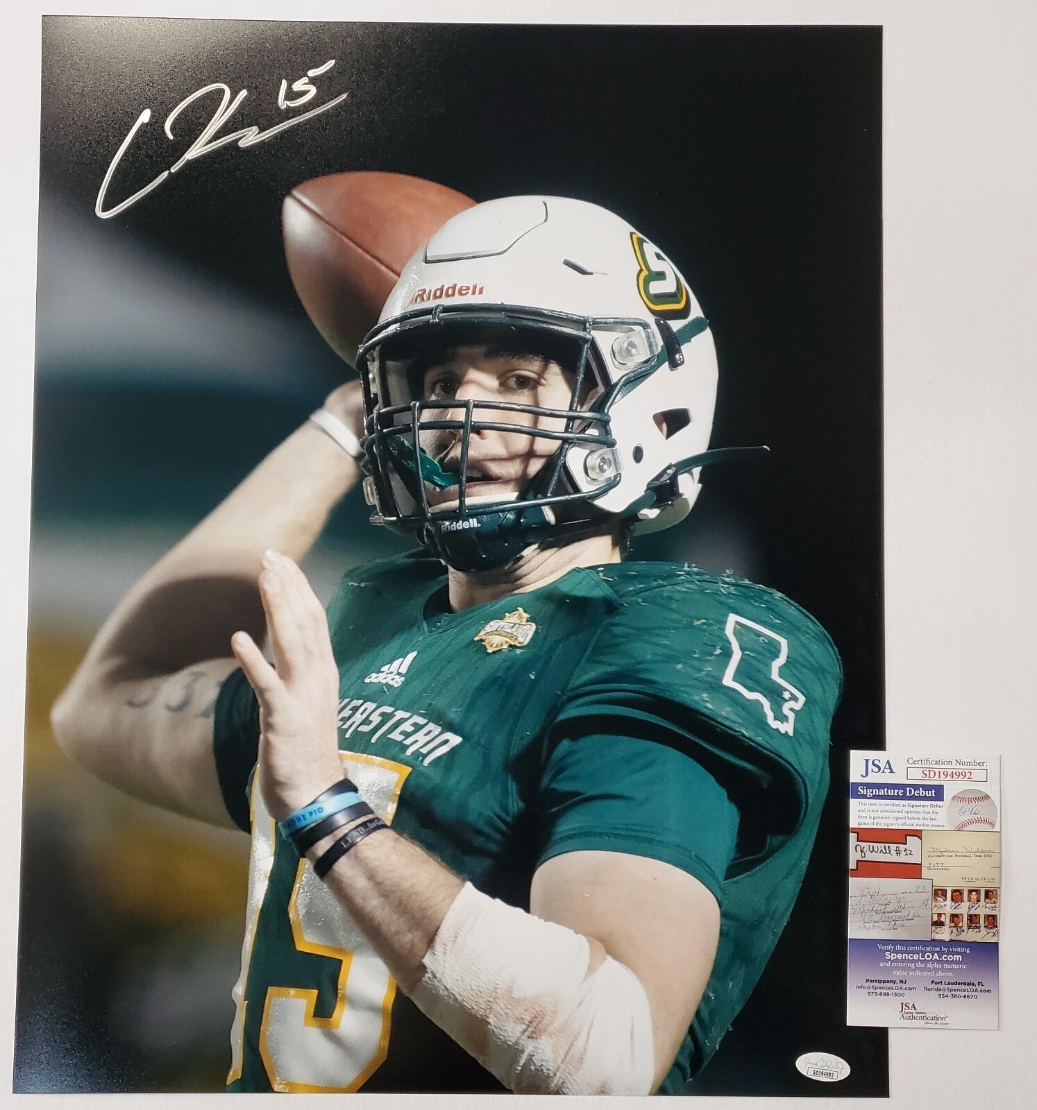 Southeastern Louisiana Lions Cole Kelley  Signed 16X20 Photo Jsa  Coa