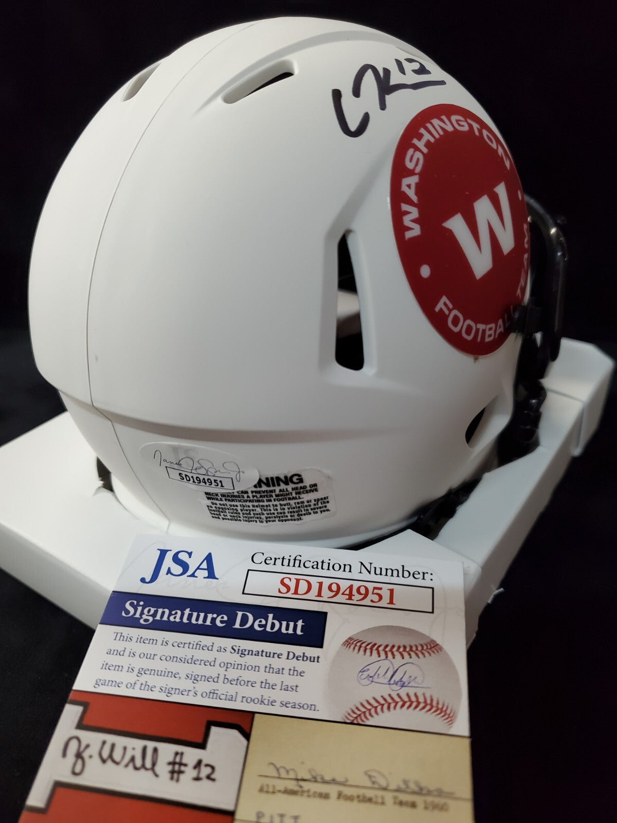 Washington Commanders Cole Kelley Autographed Signed Lunar Mini Helmet Jsa Coa