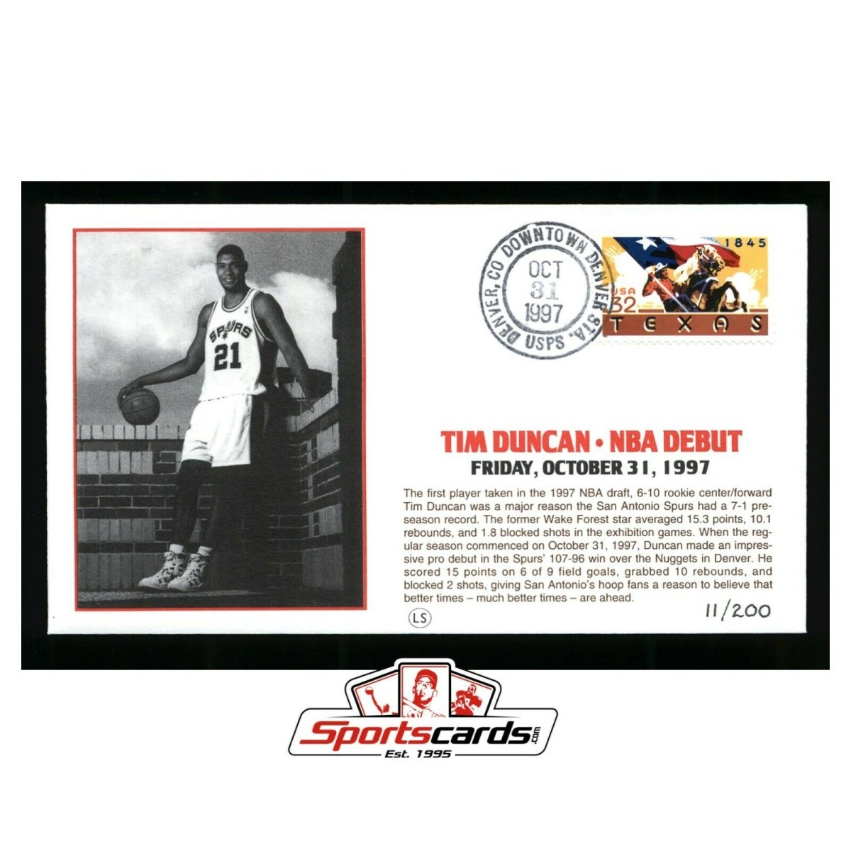 Tim Duncan NBA Debut First Day Issue