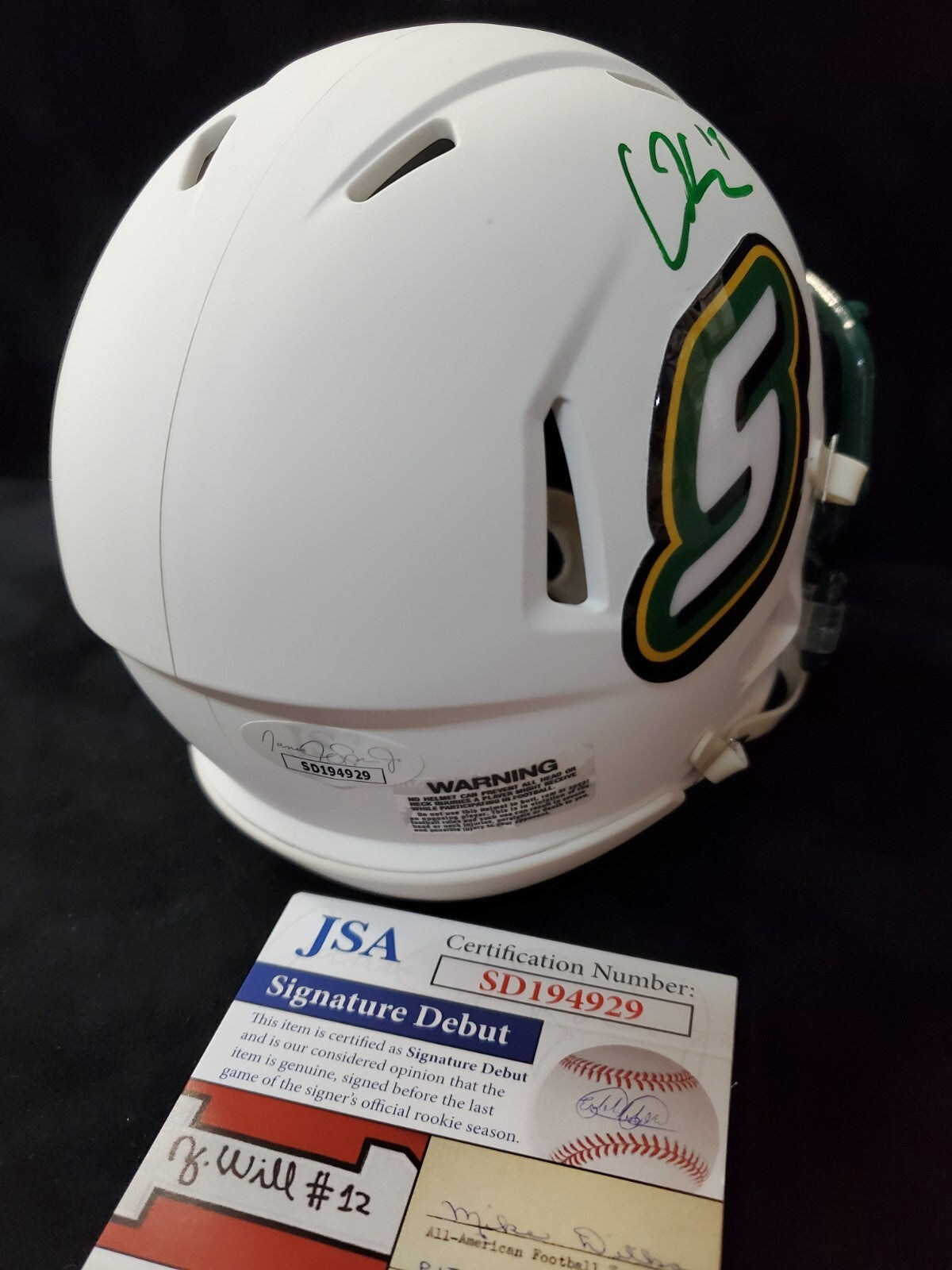 Southeastern Louisiana Lions Cole Kelley  Signed Mini Helmet Jsa Coa