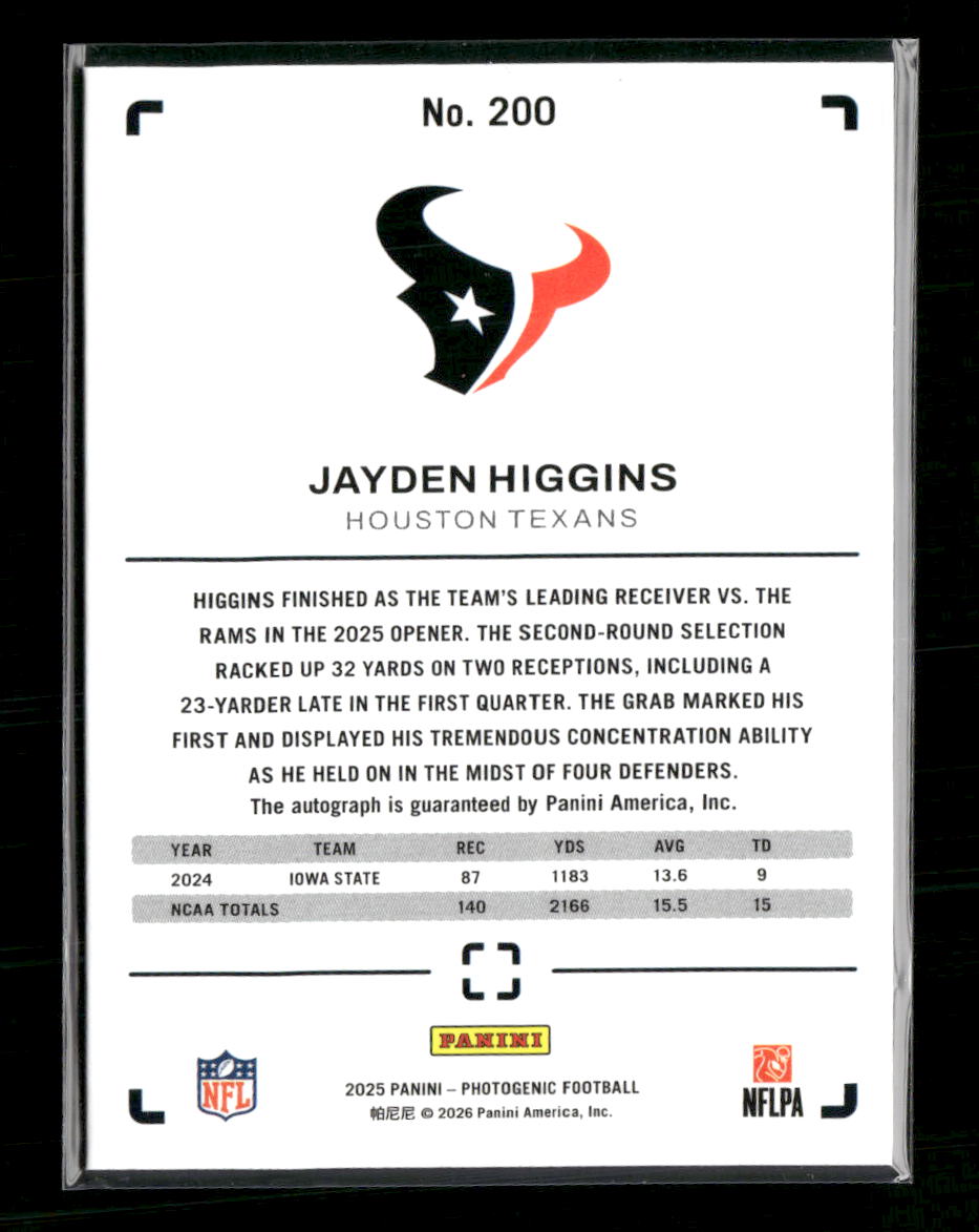 2025 Panini Photogenic Autographs Bronze Jayden Higgins Rookie Auto #200