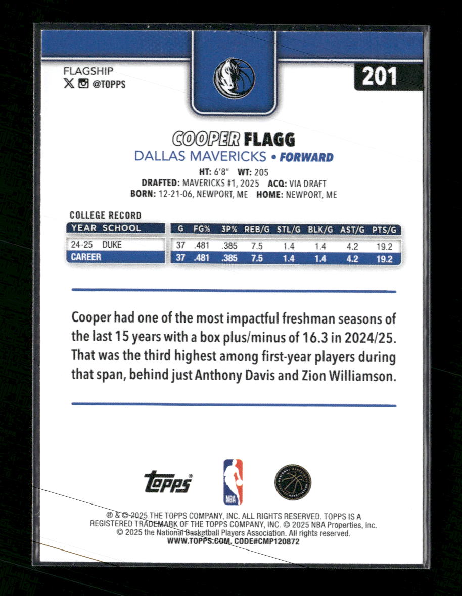 2025-26 Topps Cooper Flagg Rookie #201