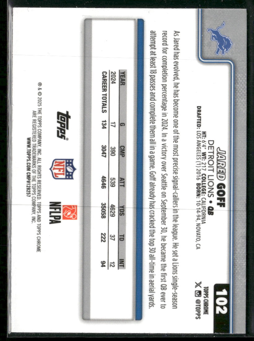 2025 Topps Chrome Blue Refractor Jared Goff #/150 #102