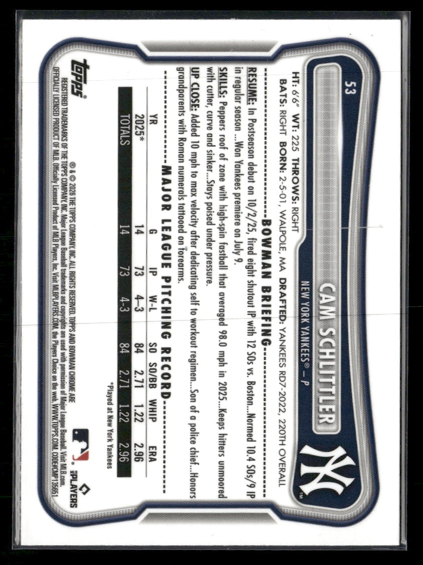 2026 Bowman Chrome Mojo Blue Refractors Cam Schlittler Rookie #/150 #53