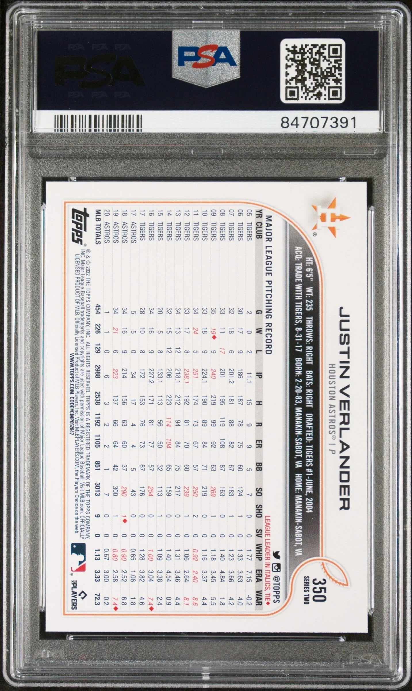 2022 TOPPS JUSTIN VERLANDER  #350 - PSA 10
