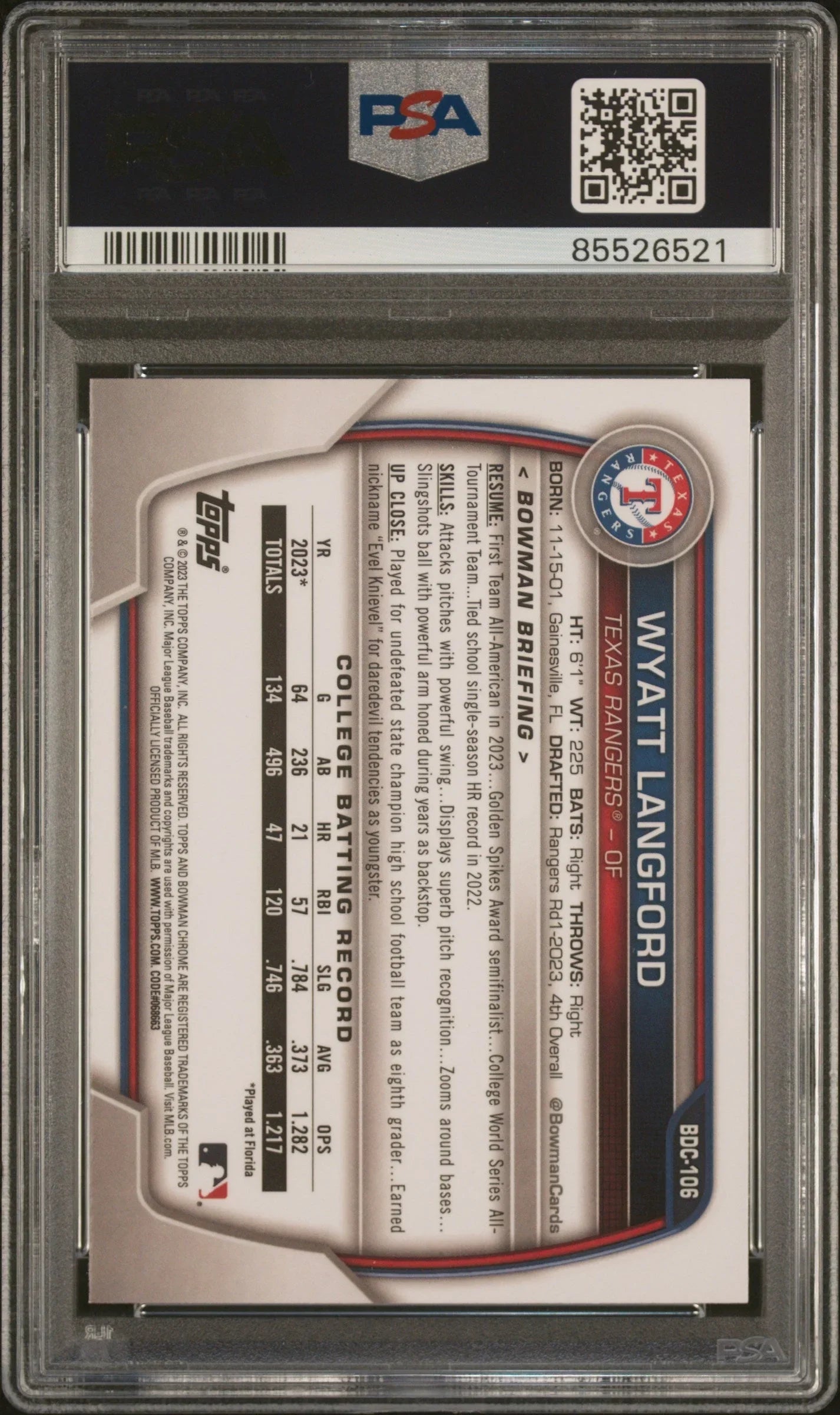 Graded 2023 Topps Bowman Draft Wyatt Langford #BDC106 Chrome Rookie RC Baseball Card PSA 10 Gem Mint