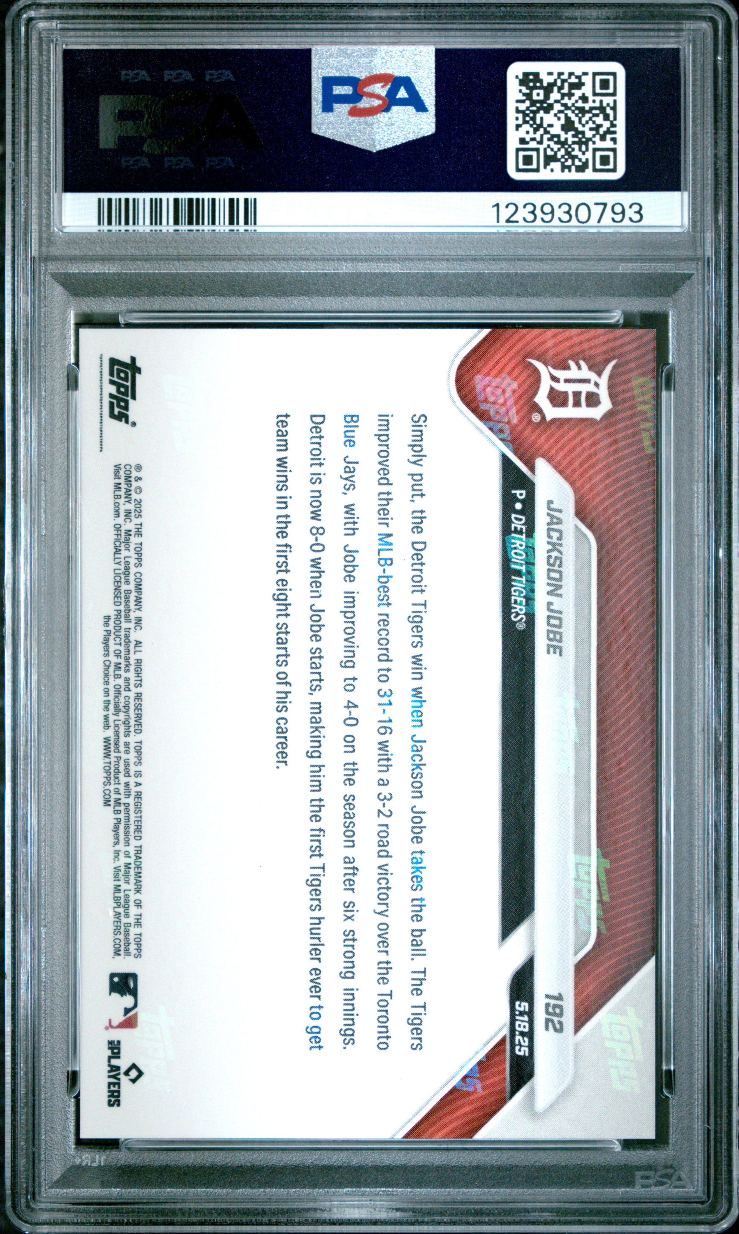 Graded 2025 Topps Now Jackson Jobe #192 Rookie RC Baseball Card PSA 9 Mint