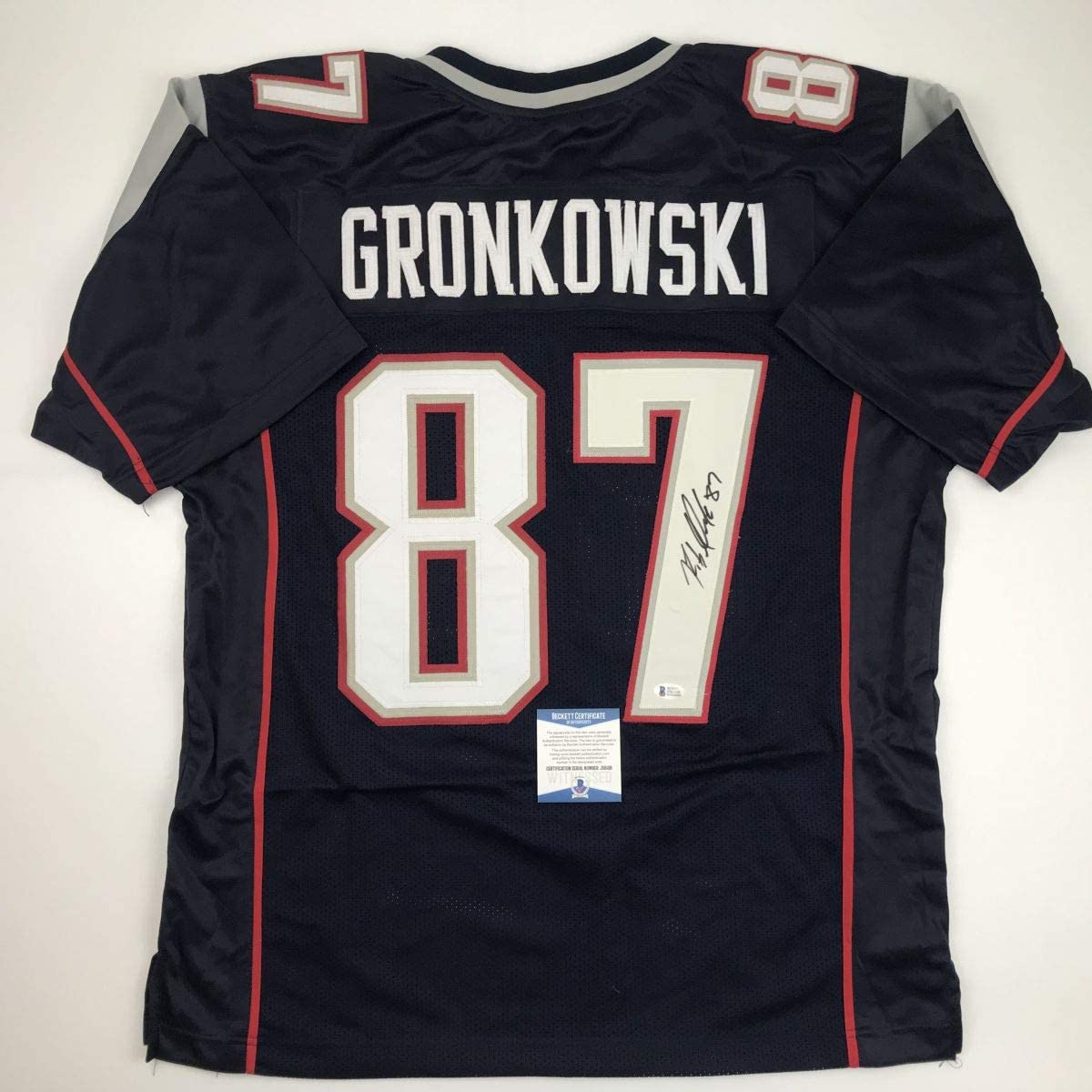 Autographed/Signed Rob Gronkowski New England Blue Football Jersey Beckett BAS COA