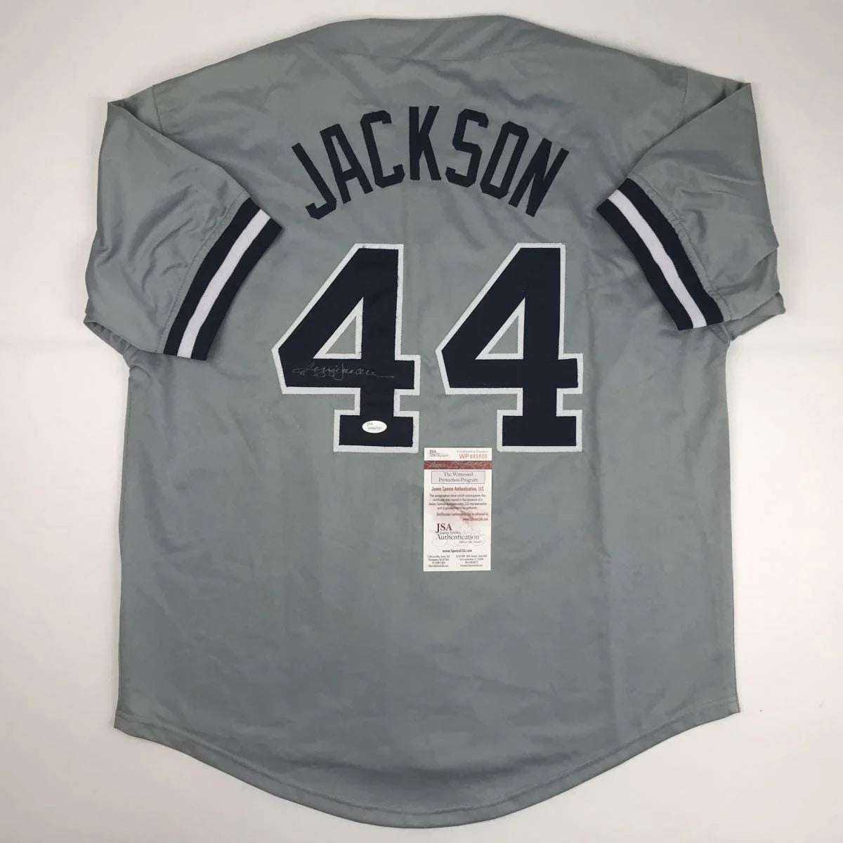 Autographed/Signed Reggie Jackson New York Grey Baseball Jersey JSA COA