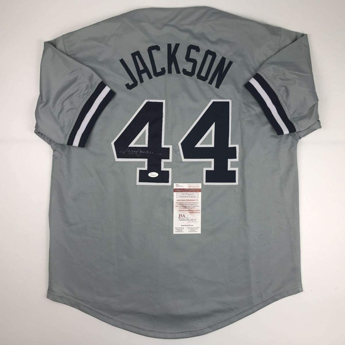 Autographed/Signed Reggie Jackson New York Grey Baseball Jersey JSA COA