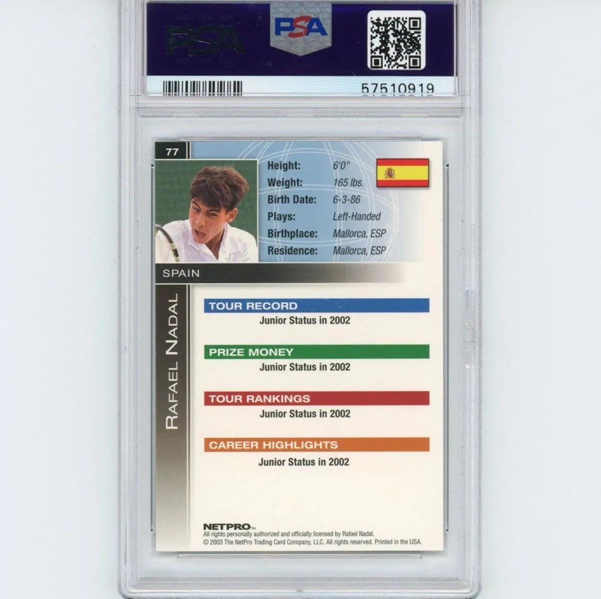 Graded 2003 Netpro Rafael Nadal #77 International Series Rookie RC Tennis Card PSA 10 Gem Mint