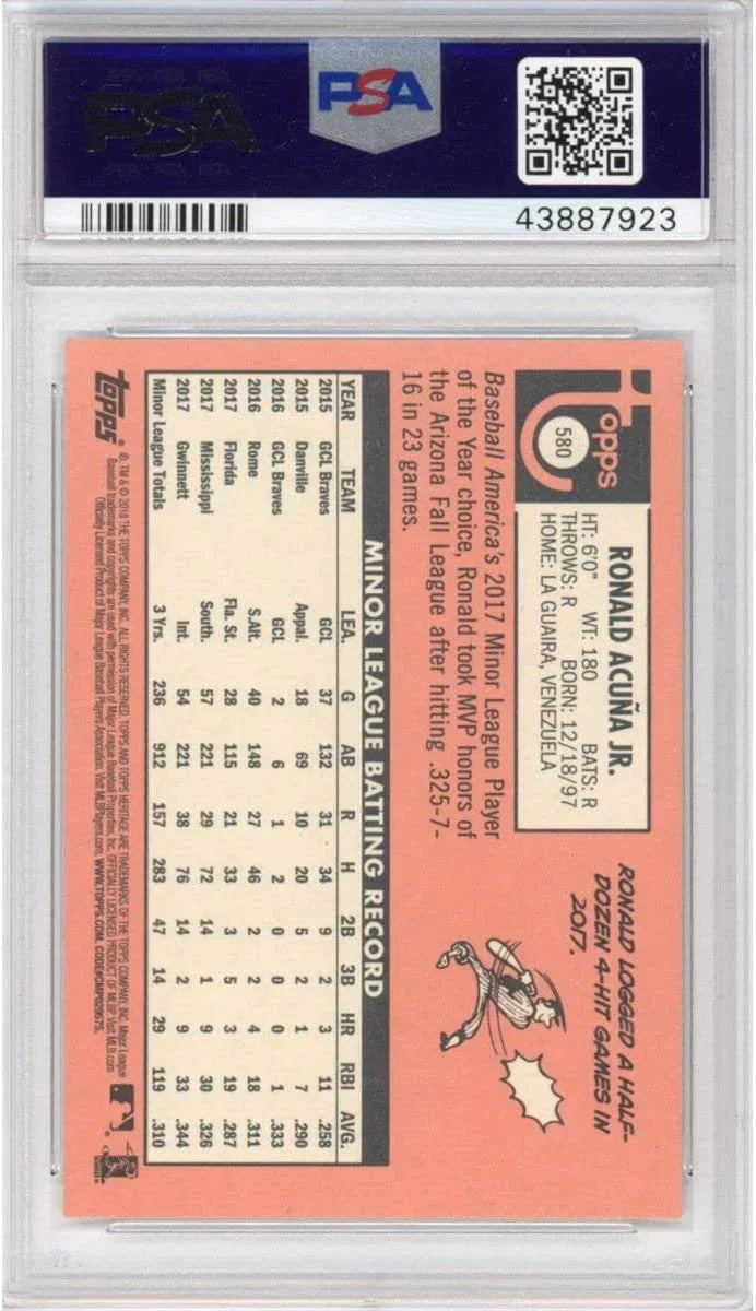 Graded 2018 Topps Heritage Ronald Acuna Jr. #580 Rookie RC Baseball Card PSA 10 Gem Mint